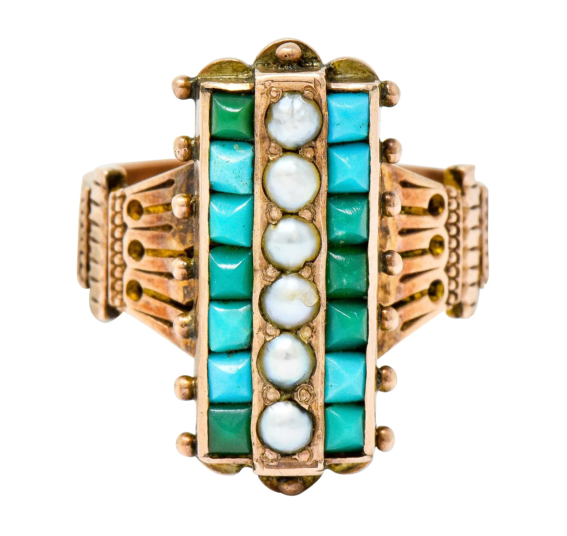 Victorian Etruscan Revival Natural Seed Pearl Turquoise 14 Karat Rose Gold Ring