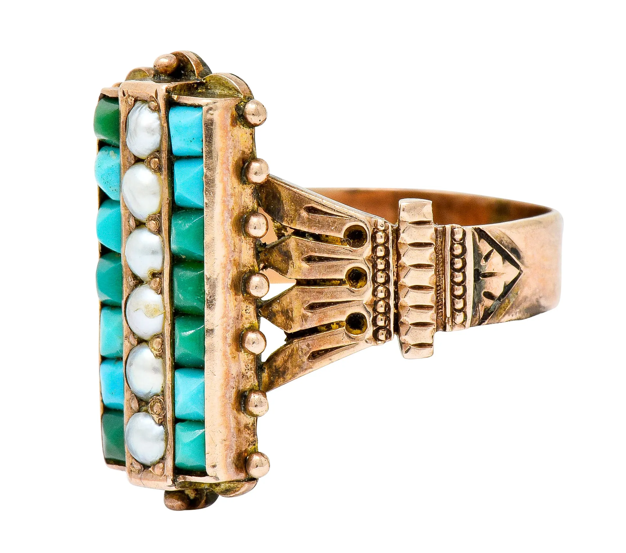 Victorian Etruscan Revival Natural Seed Pearl Turquoise 14 Karat Rose Gold Ring