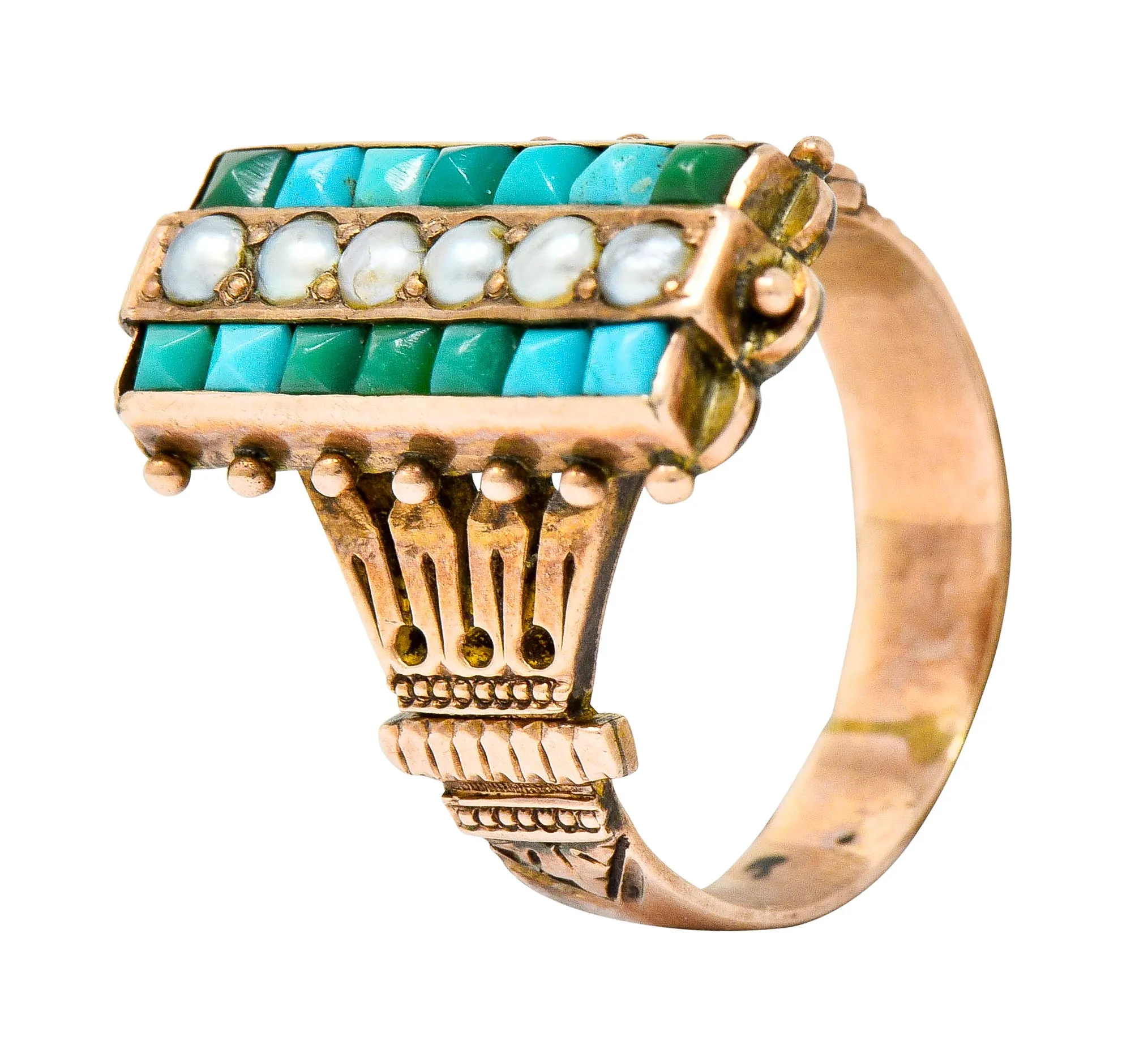 Victorian Etruscan Revival Natural Seed Pearl Turquoise 14 Karat Rose Gold Ring