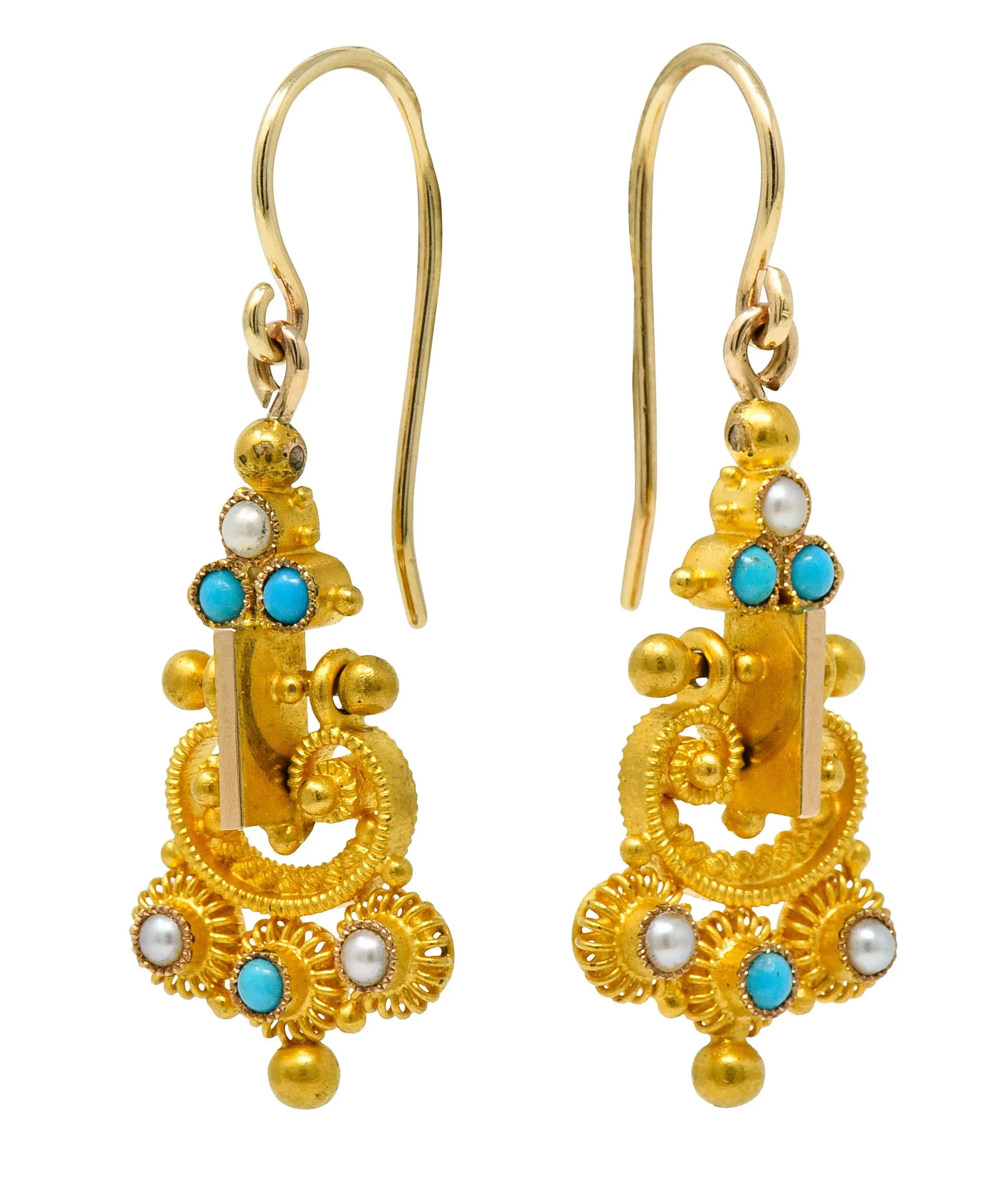 Victorian Etruscan Revival Turquoise Pearl 18 Karat Gold Drop Earrings