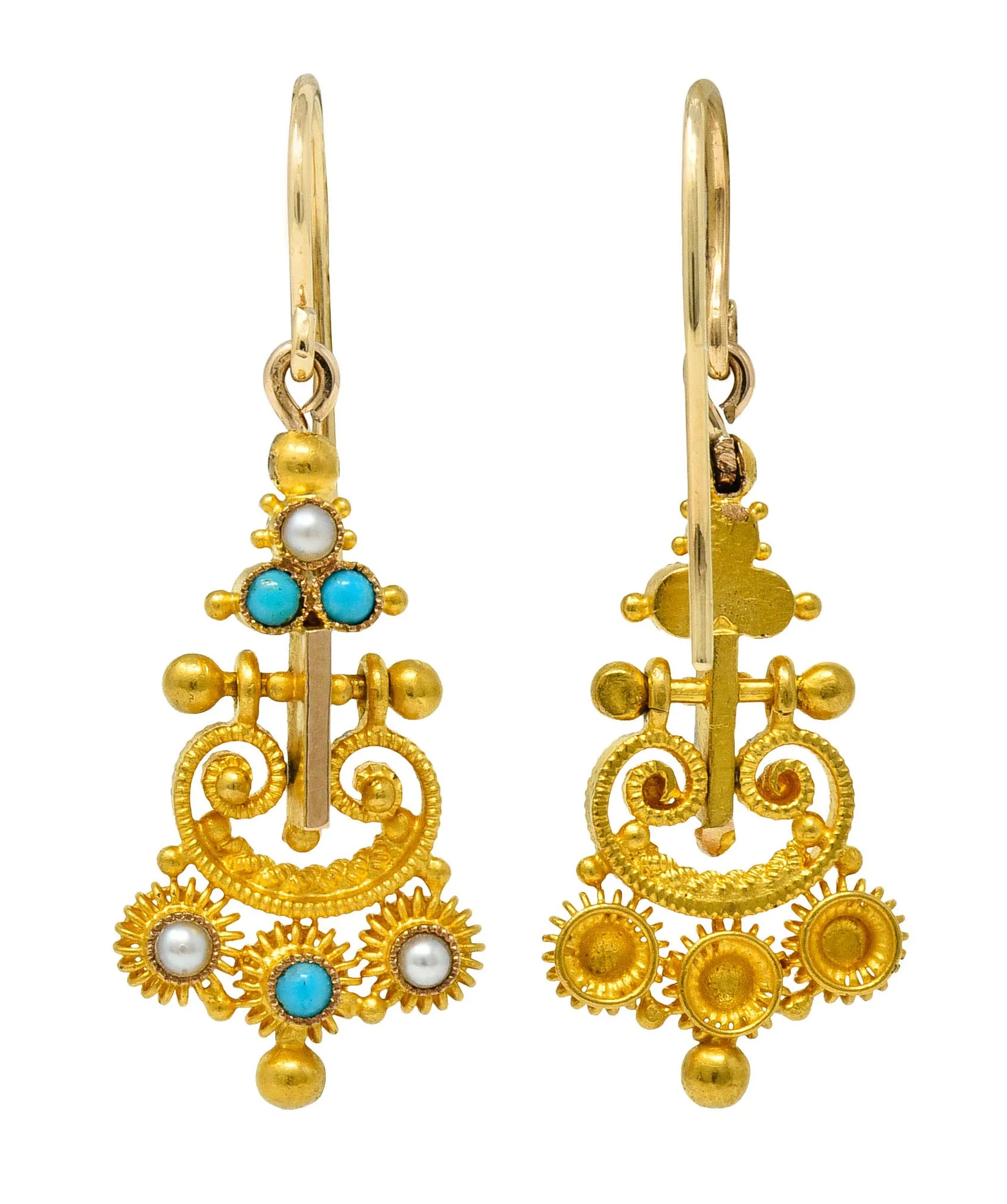 Victorian Etruscan Revival Turquoise Pearl 18 Karat Gold Drop Earrings