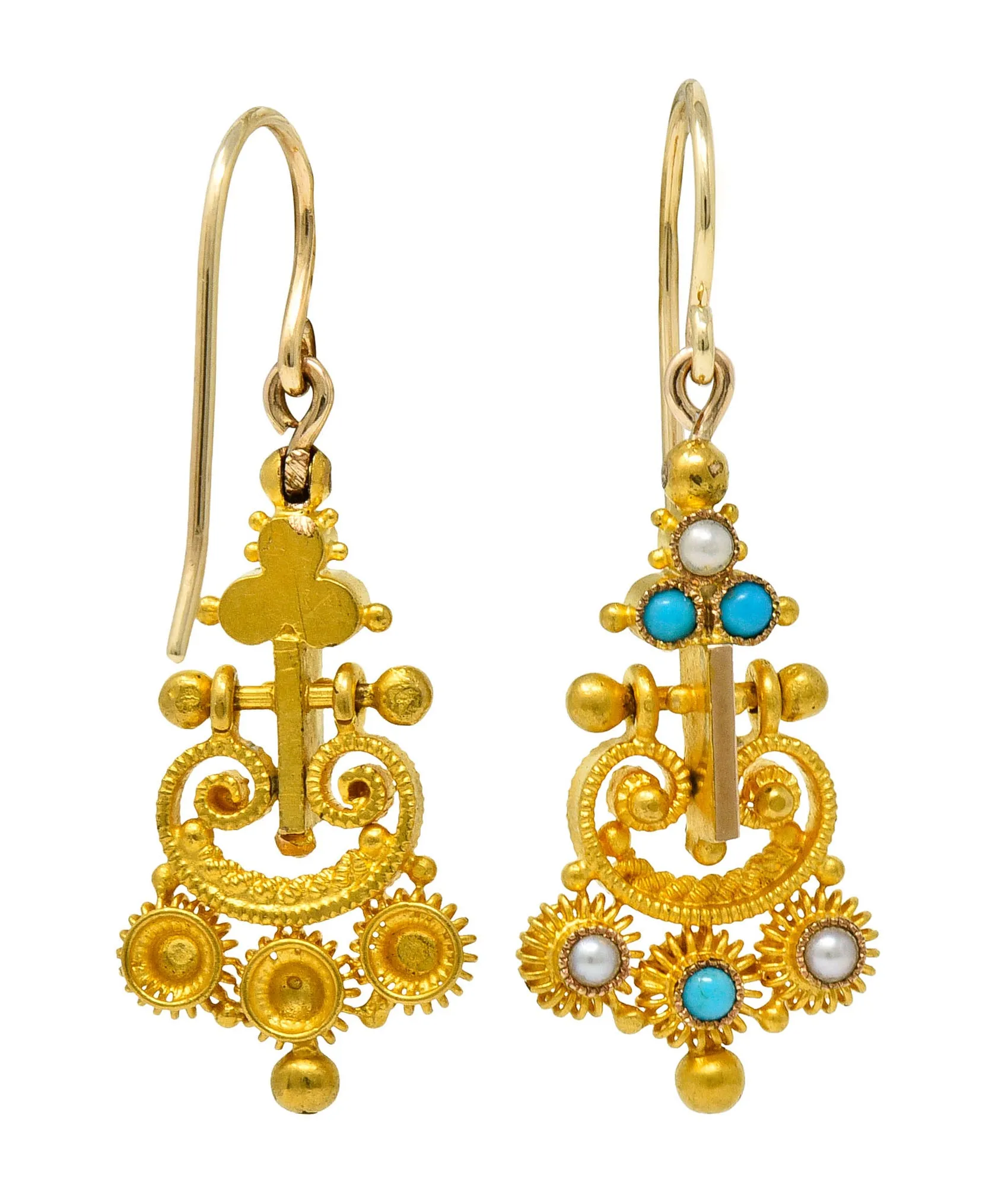 Victorian Etruscan Revival Turquoise Pearl 18 Karat Gold Drop Earrings