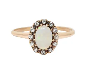 Victorian Opal Cabochon Diamond 14 Karat Rose Gold Antique Halo Ring