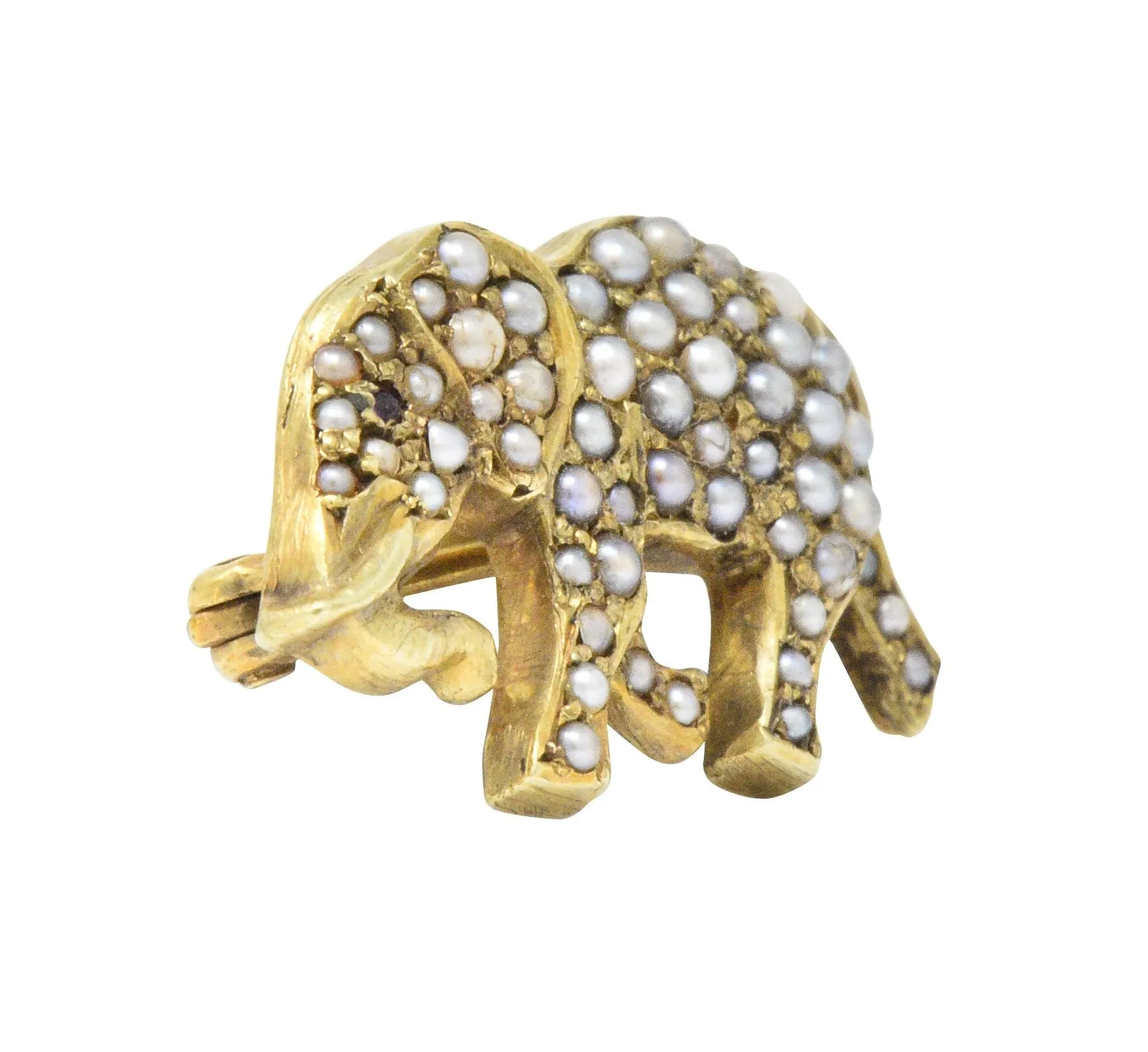 Victorian Seed Pearl Ruby 14 Karat Gold Elephant Pin