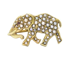 Victorian Seed Pearl Ruby 14 Karat Gold Elephant Pin