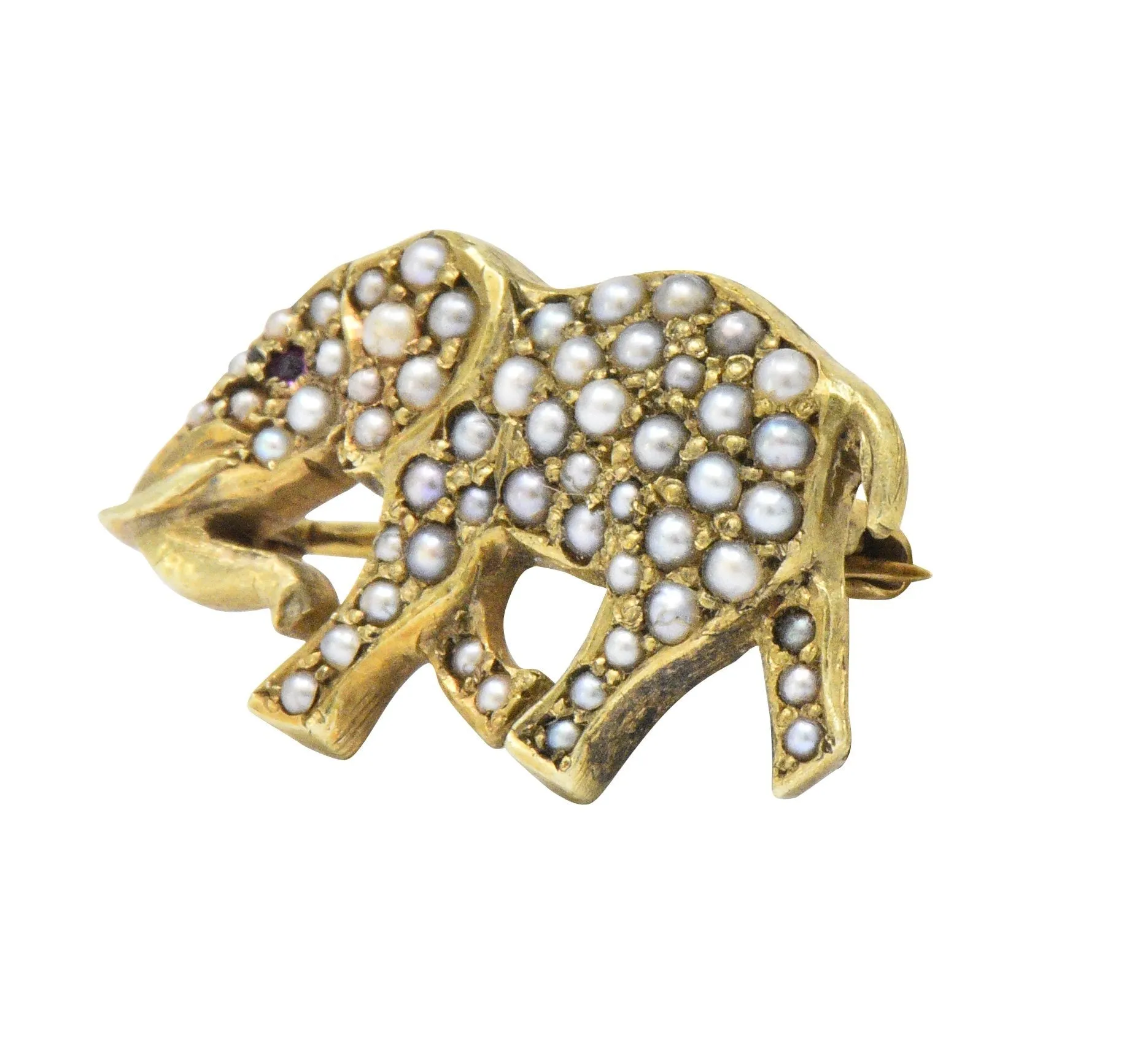 Victorian Seed Pearl Ruby 14 Karat Gold Elephant Pin