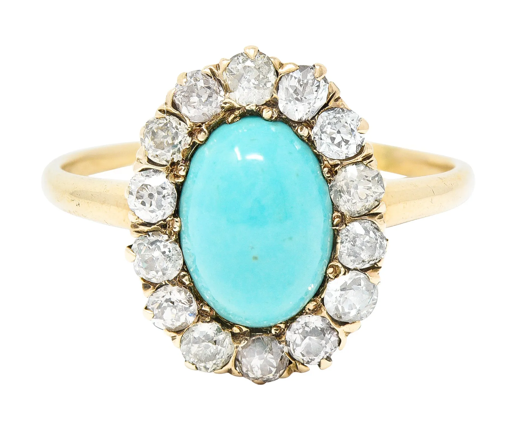 Victorian Turquoise Cabochon Old Mine  Cut Diamond 14 Karat Yellow Gold Halo Ring