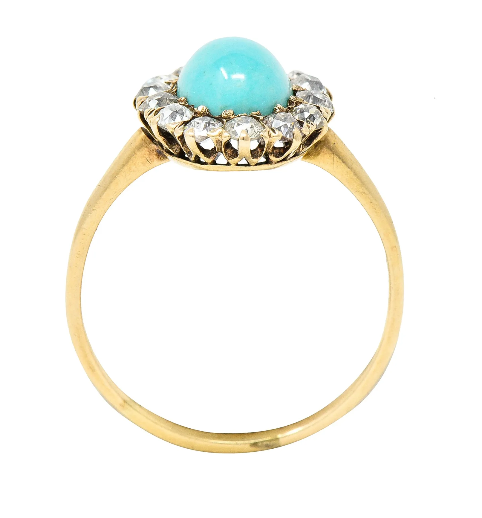 Victorian Turquoise Cabochon Old Mine  Cut Diamond 14 Karat Yellow Gold Halo Ring