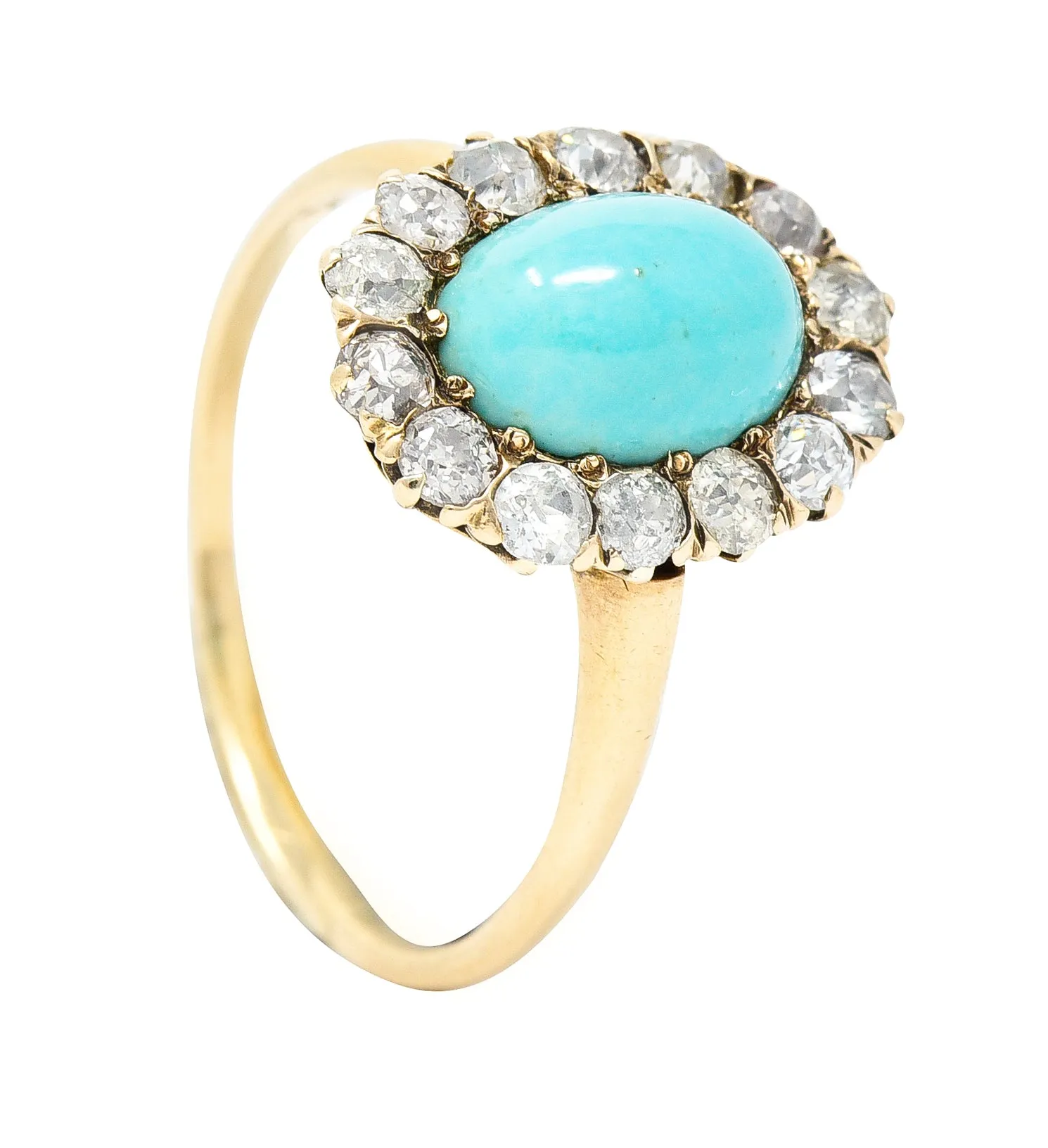 Victorian Turquoise Cabochon Old Mine  Cut Diamond 14 Karat Yellow Gold Halo Ring