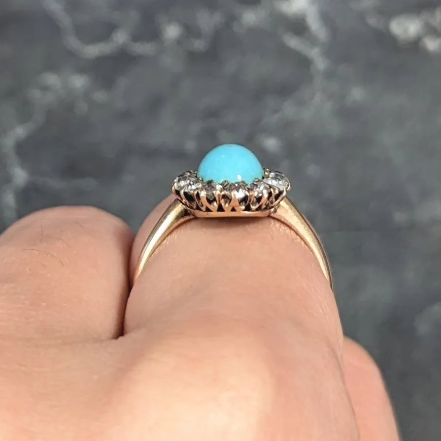 Victorian Turquoise Cabochon Old Mine  Cut Diamond 14 Karat Yellow Gold Halo Ring