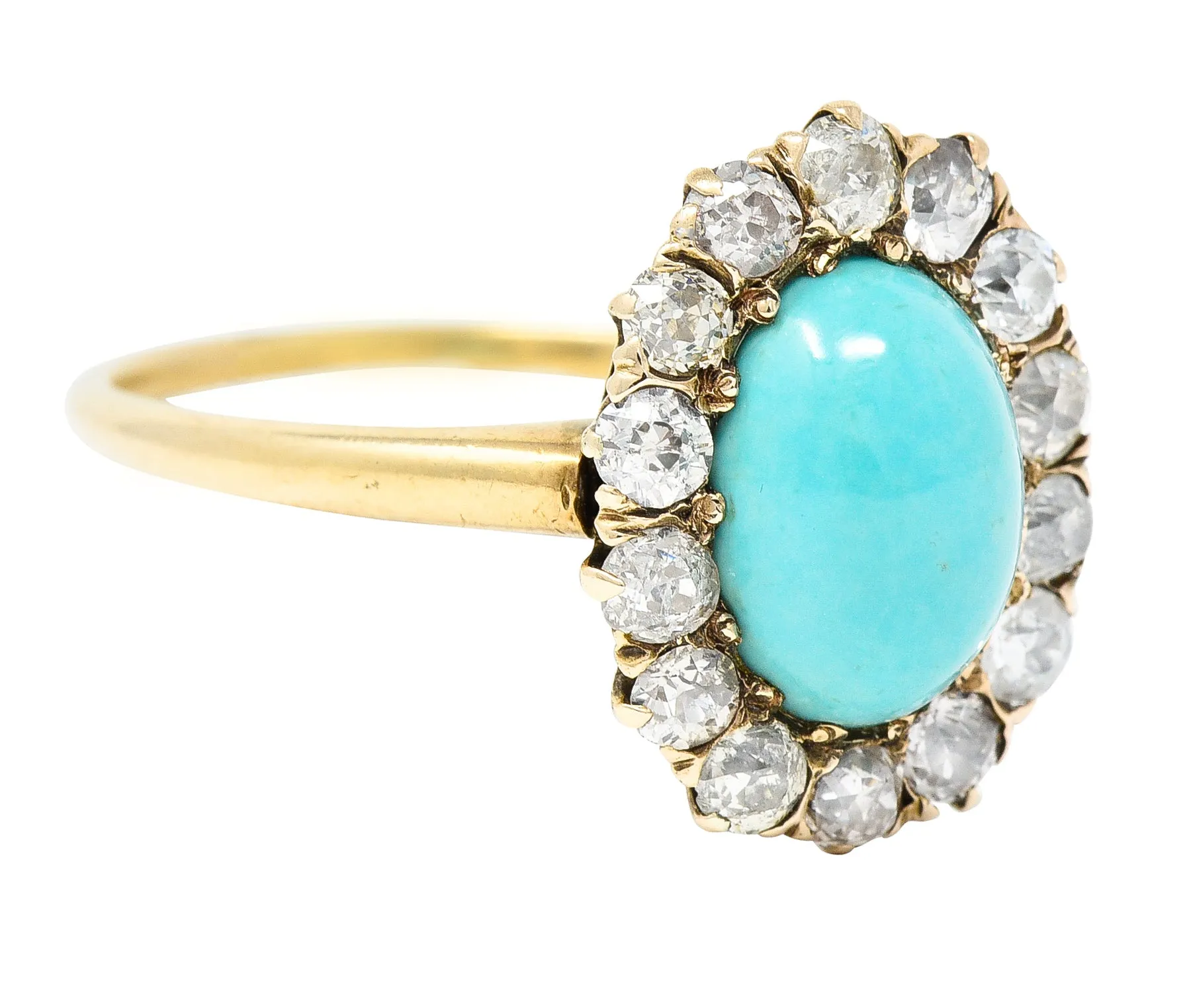 Victorian Turquoise Cabochon Old Mine  Cut Diamond 14 Karat Yellow Gold Halo Ring