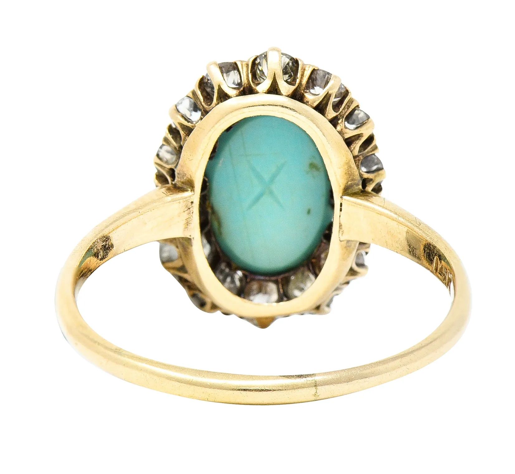 Victorian Turquoise Cabochon Old Mine  Cut Diamond 14 Karat Yellow Gold Halo Ring