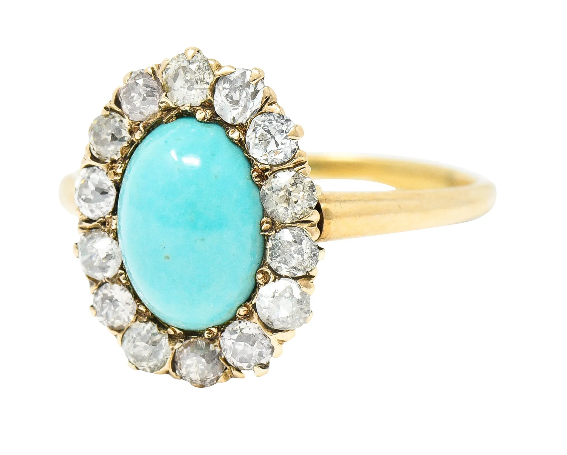 Victorian Turquoise Cabochon Old Mine  Cut Diamond 14 Karat Yellow Gold Halo Ring