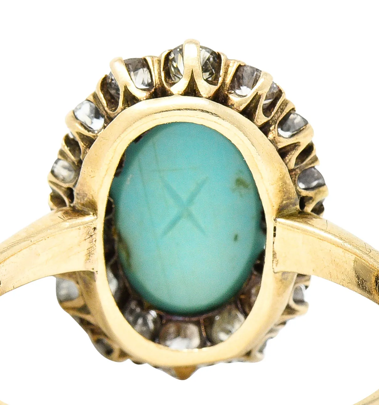 Victorian Turquoise Cabochon Old Mine  Cut Diamond 14 Karat Yellow Gold Halo Ring