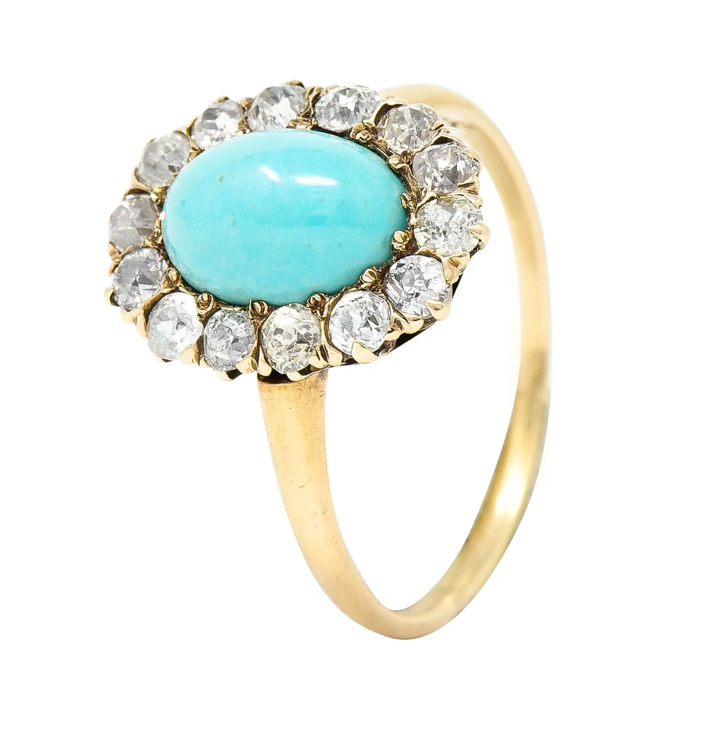 Victorian Turquoise Cabochon Old Mine  Cut Diamond 14 Karat Yellow Gold Halo Ring