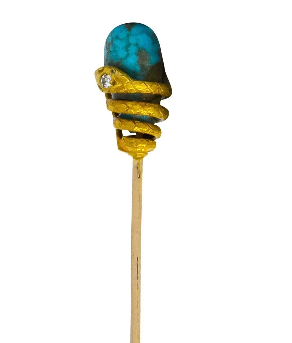 Victorian Turquoise Diamond 14 Karat Gold Snake Stickpin