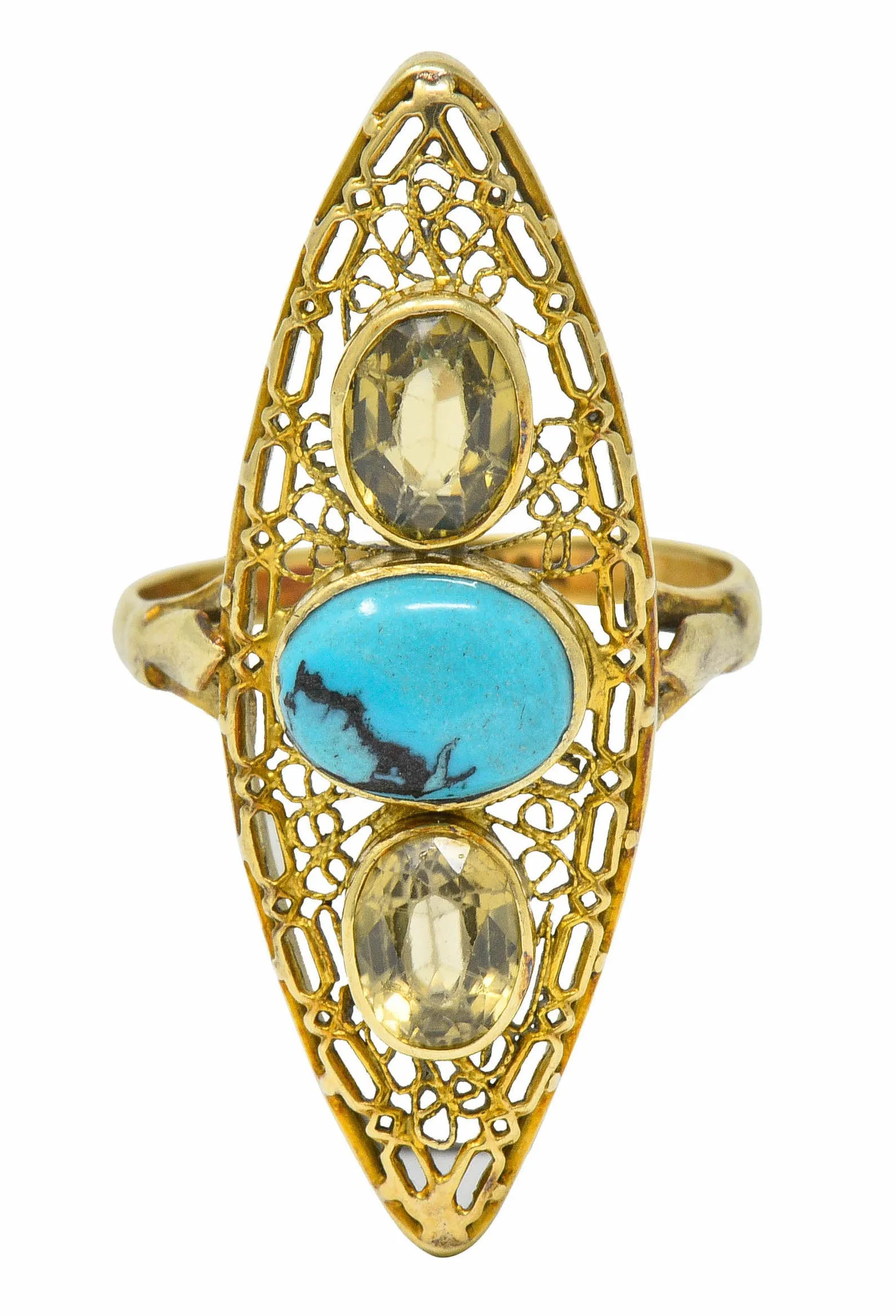 Victorian Turquoise Zircon 14 Karat Gold Navette Ring