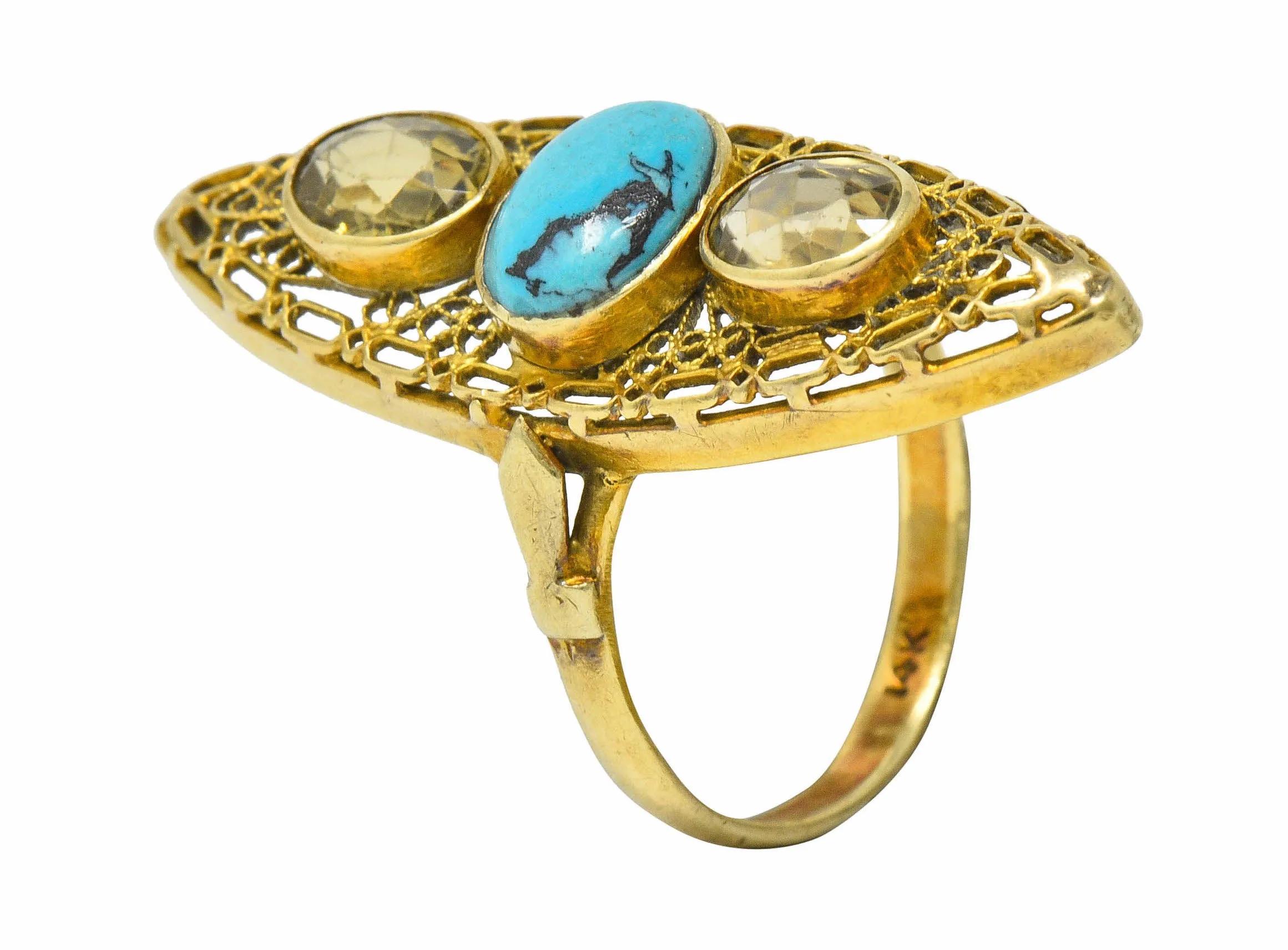 Victorian Turquoise Zircon 14 Karat Gold Navette Ring