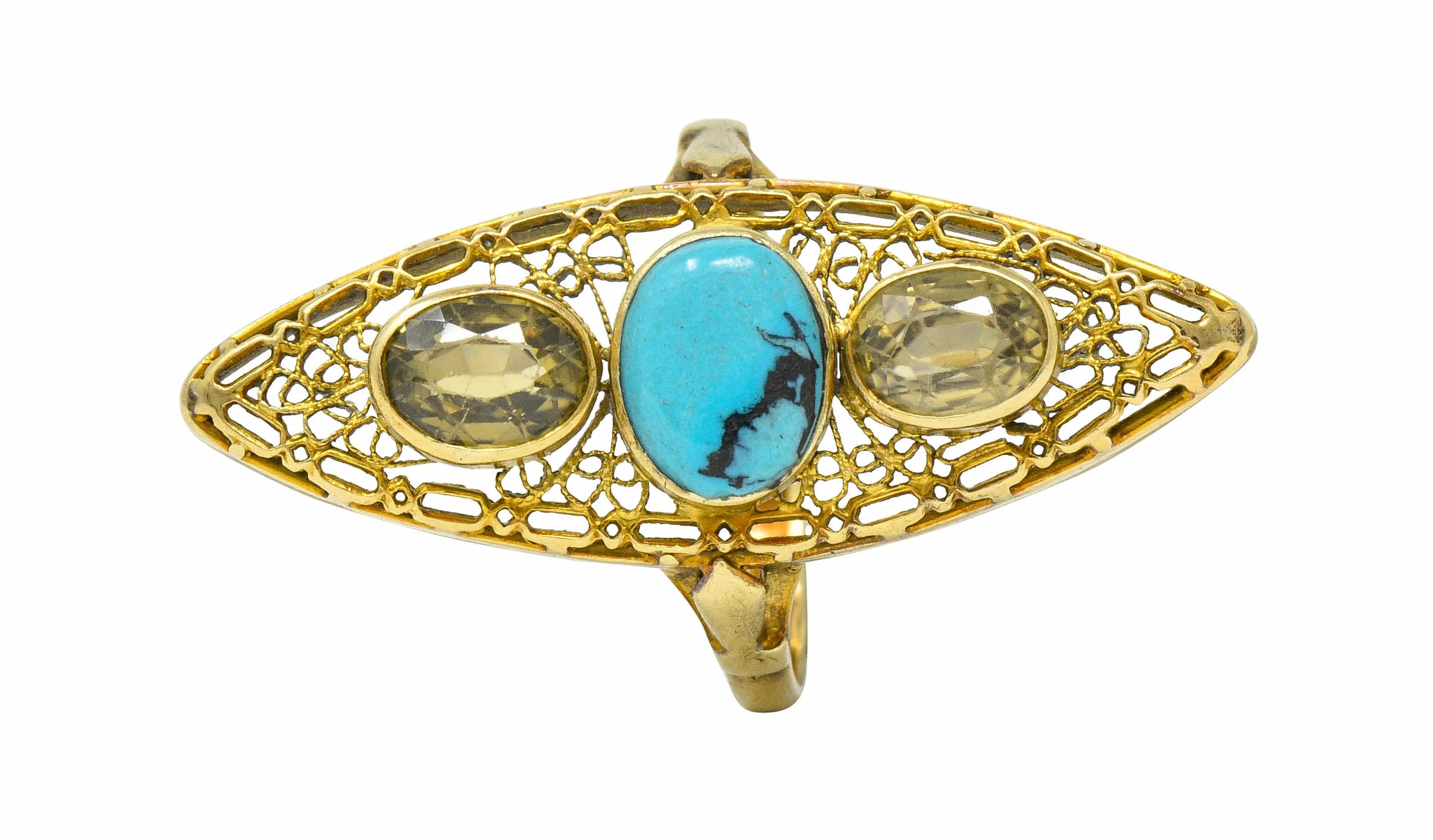 Victorian Turquoise Zircon 14 Karat Gold Navette Ring