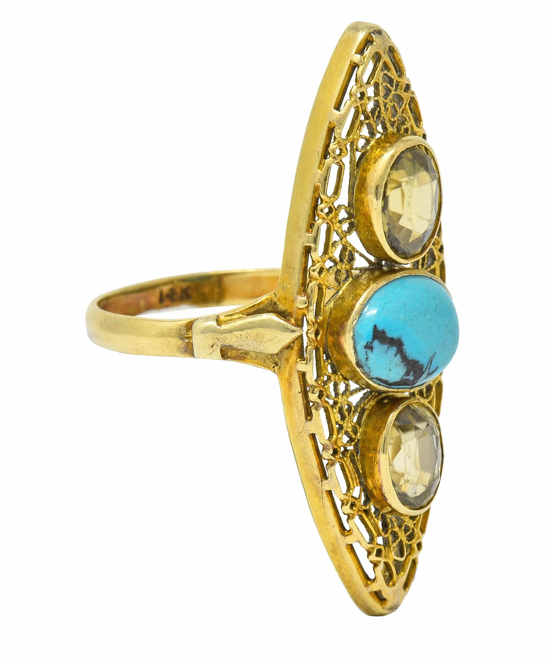 Victorian Turquoise Zircon 14 Karat Gold Navette Ring