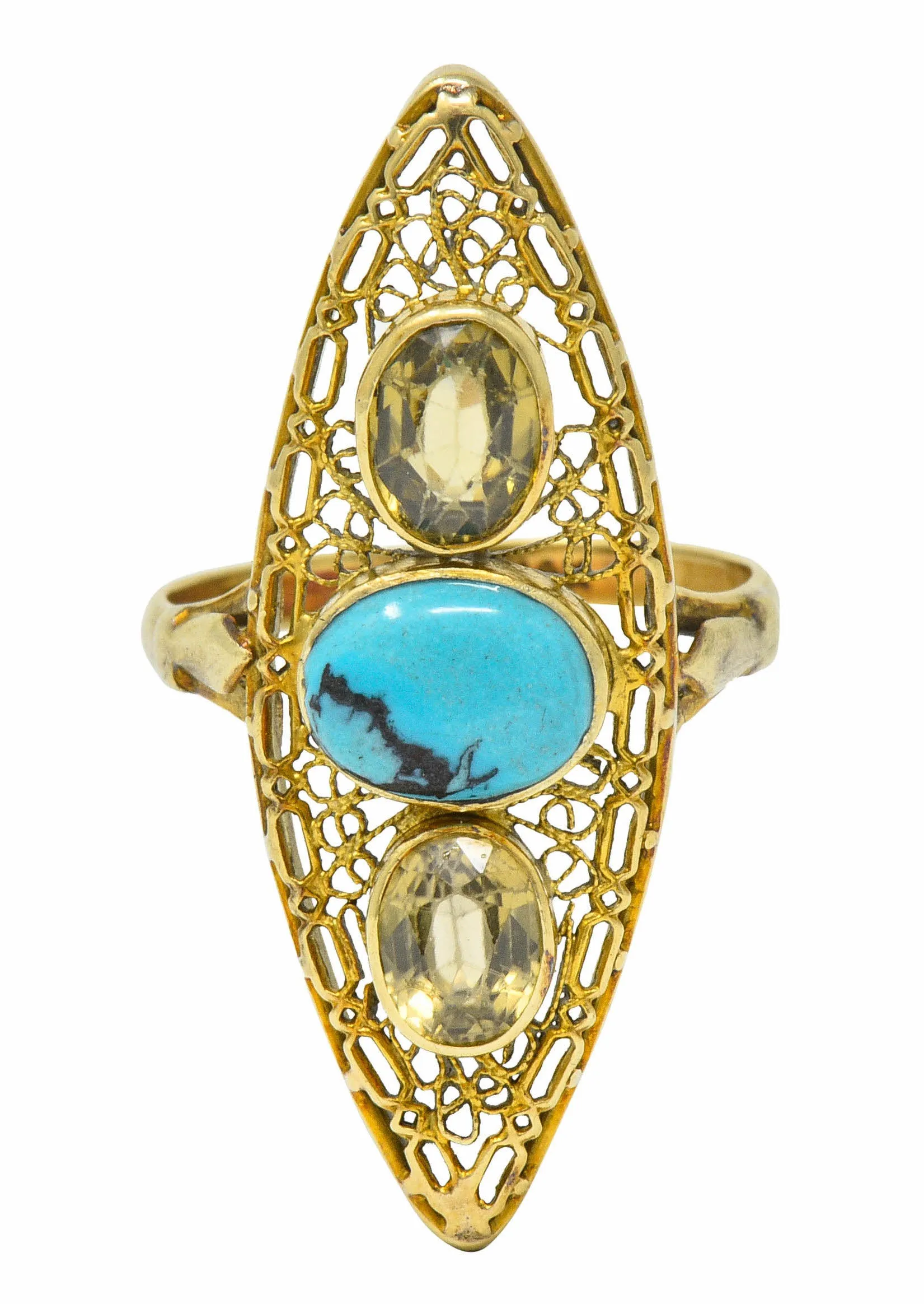 Victorian Turquoise Zircon 14 Karat Gold Navette Ring