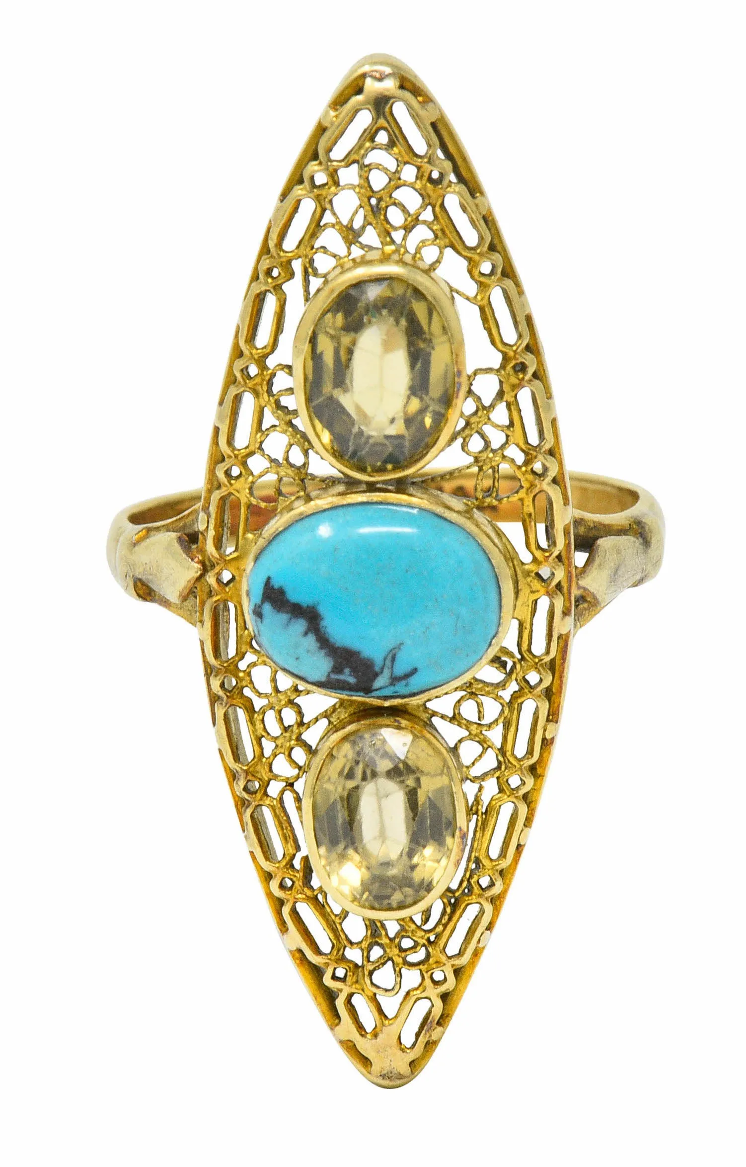 Victorian Turquoise Zircon 14 Karat Gold Navette Ring