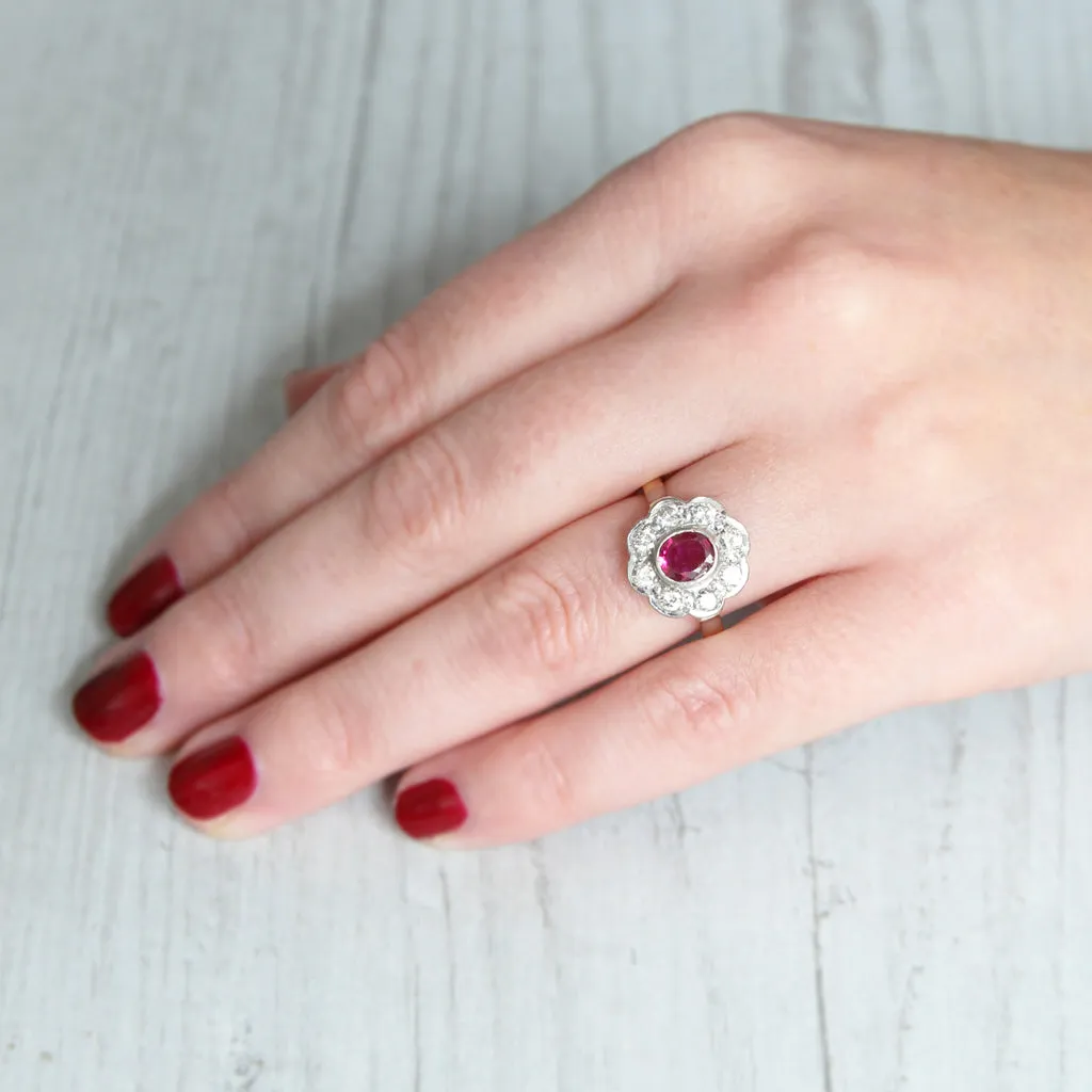 Vintage 0.60 Carat Ruby and Diamond Cluster Ring