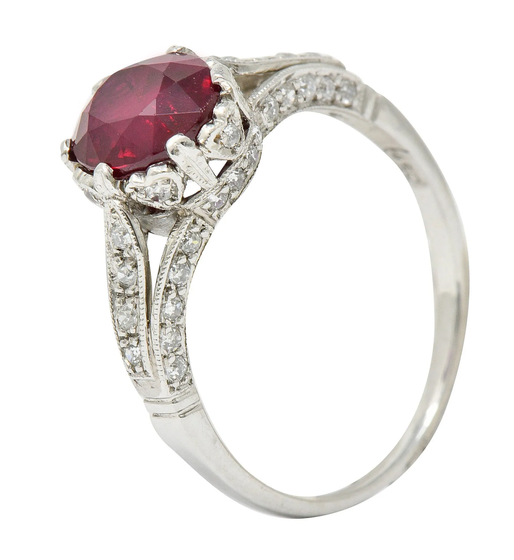 Vintage 2.44 CTW Burma Ruby Diamond Platinum Heart Ring AGL