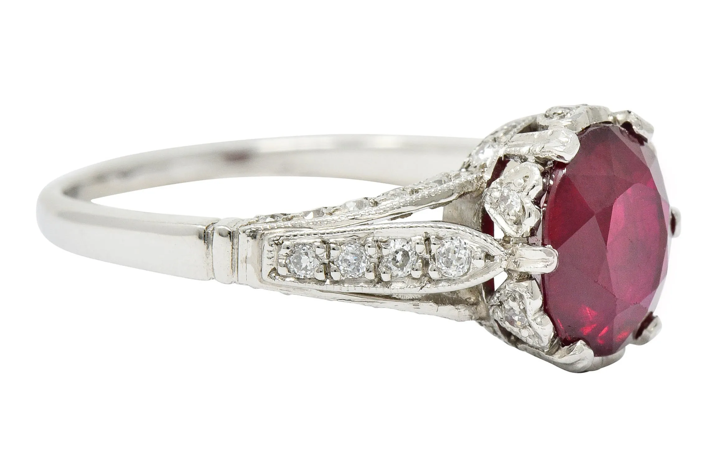 Vintage 2.44 CTW Burma Ruby Diamond Platinum Heart Ring AGL