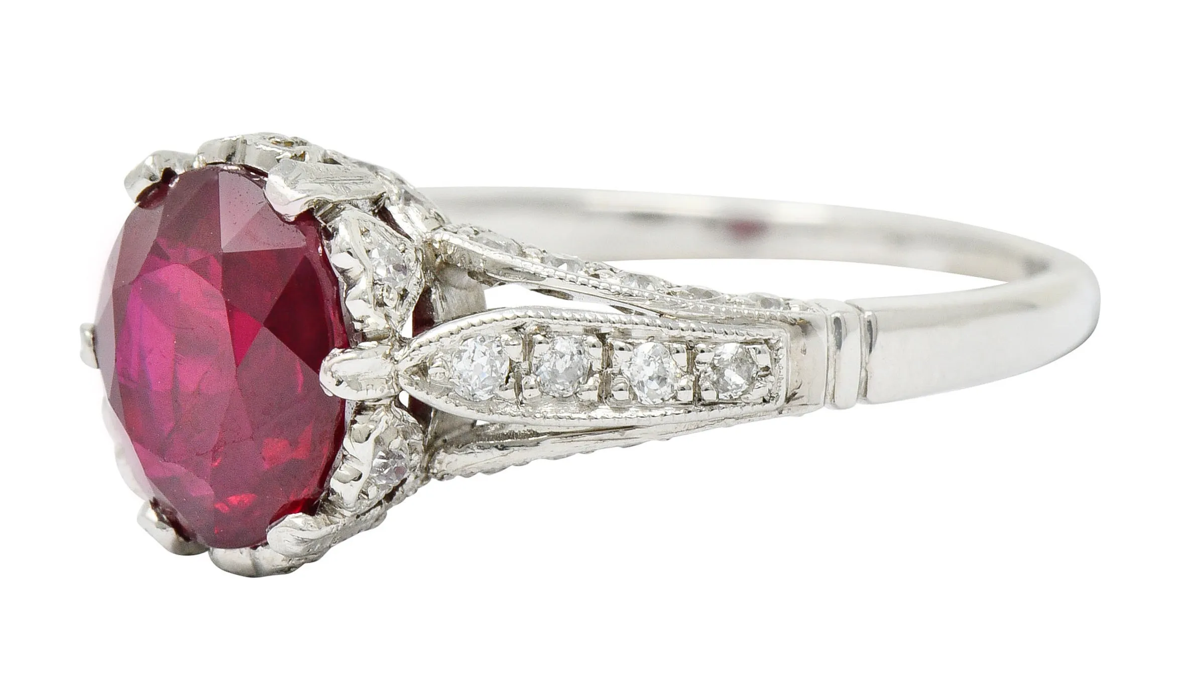 Vintage 2.44 CTW Burma Ruby Diamond Platinum Heart Ring AGL