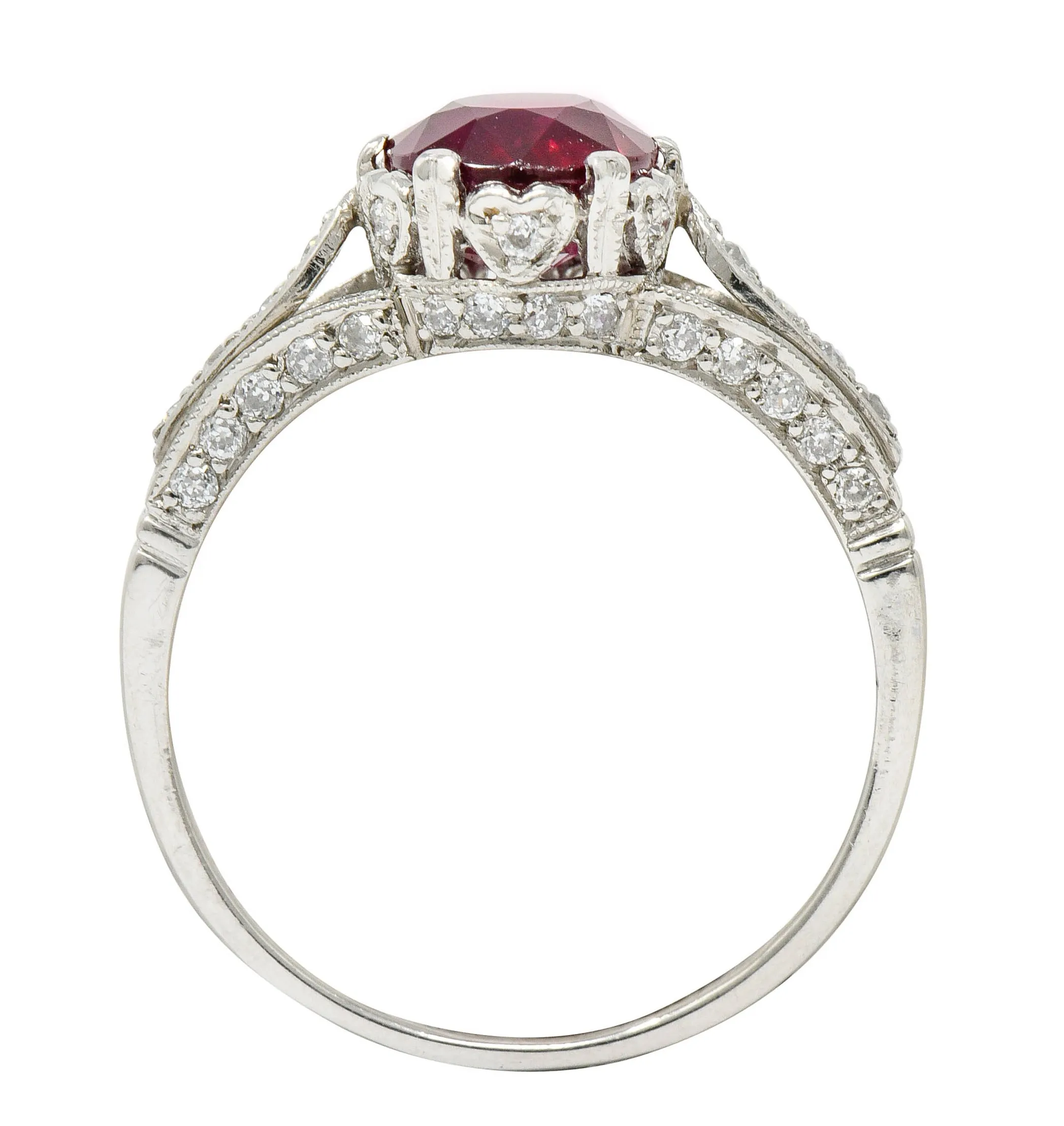 Vintage 2.44 CTW Burma Ruby Diamond Platinum Heart Ring AGL