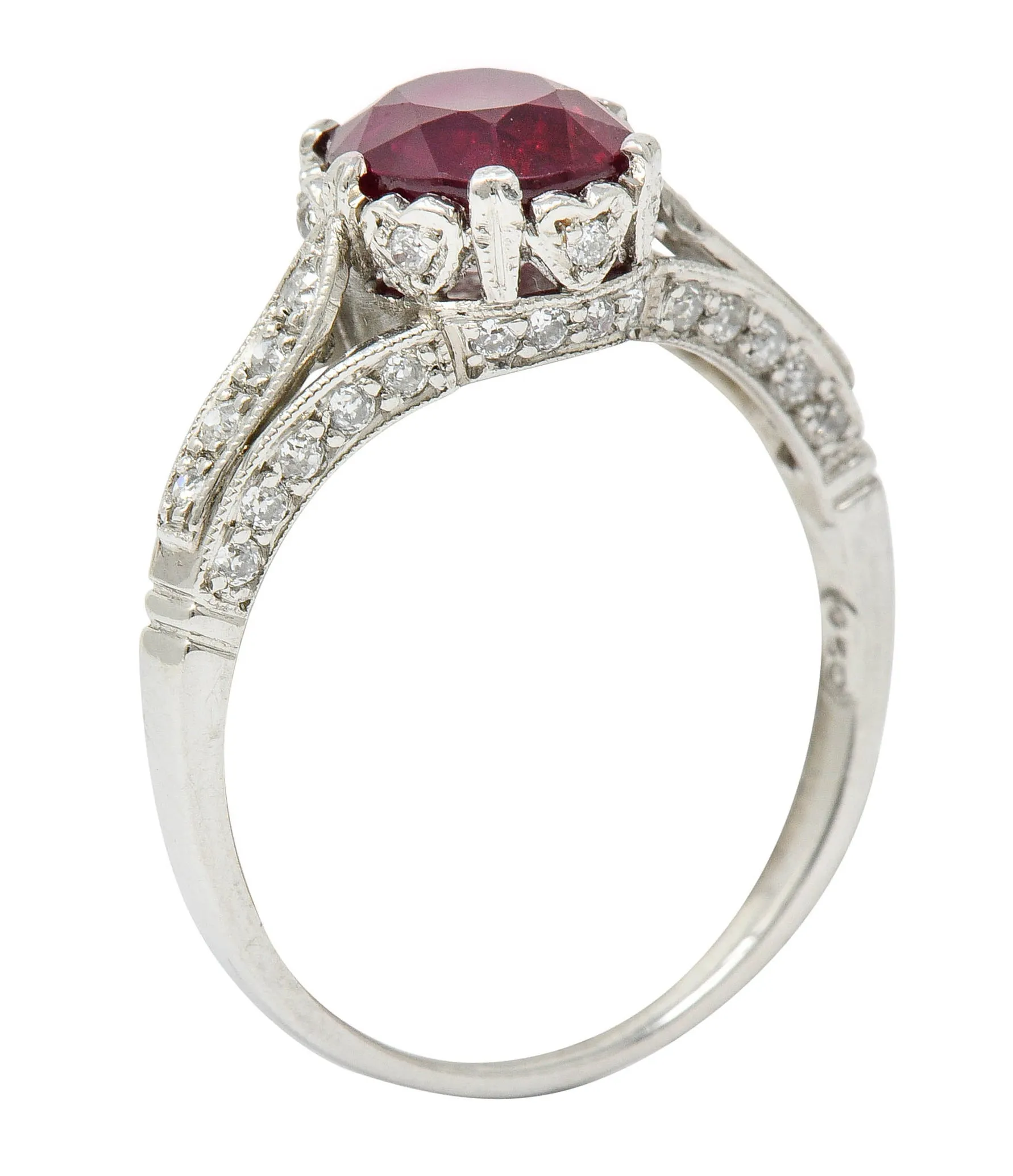 Vintage 2.44 CTW Burma Ruby Diamond Platinum Heart Ring AGL