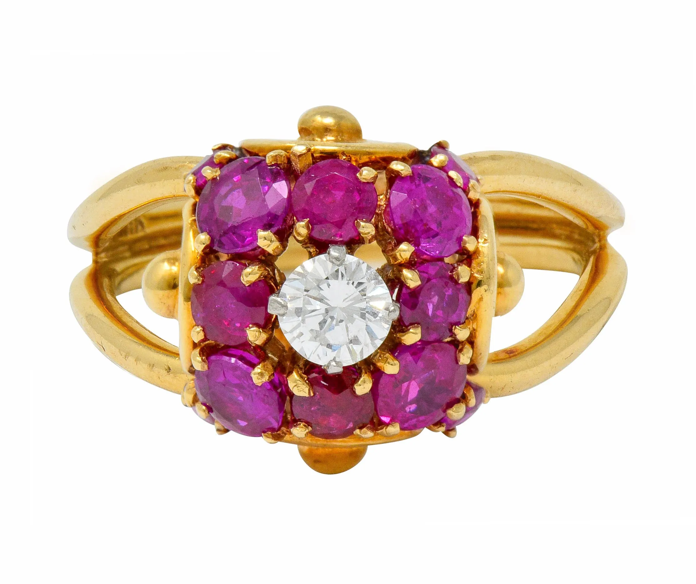 Vintage Diamond Ruby 14 Karat Gold Pave Ball Ring