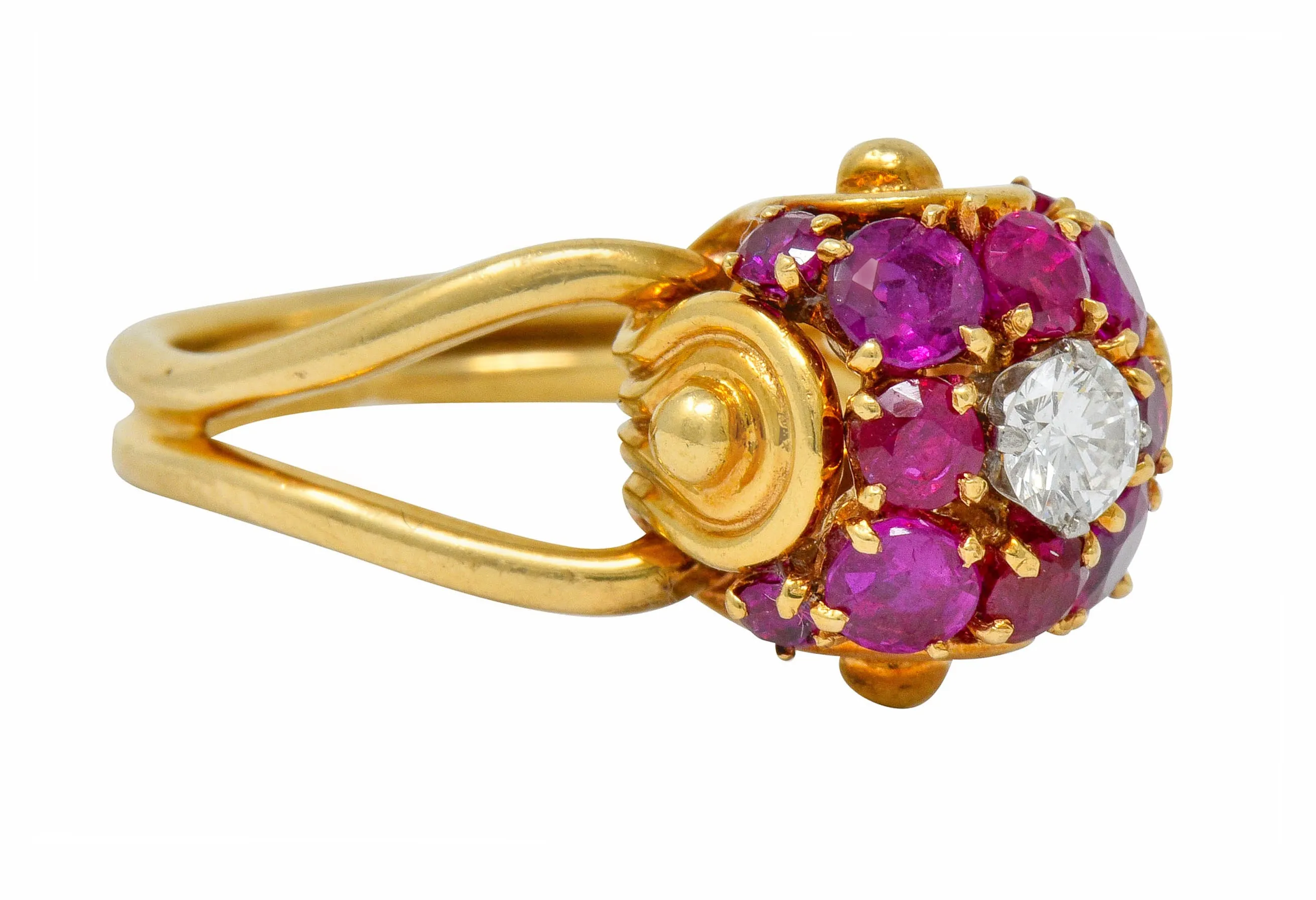 Vintage Diamond Ruby 14 Karat Gold Pave Ball Ring