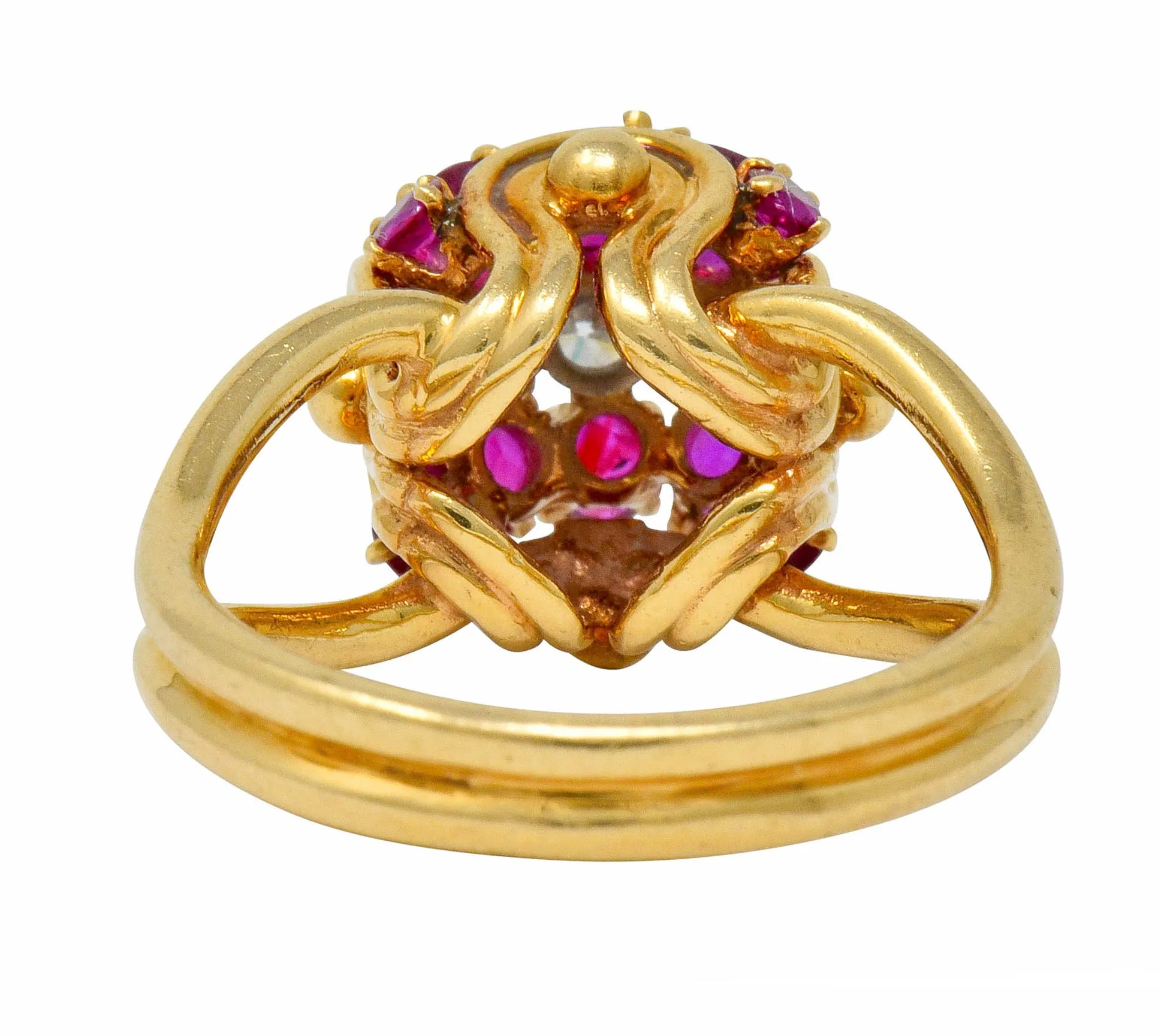 Vintage Diamond Ruby 14 Karat Gold Pave Ball Ring