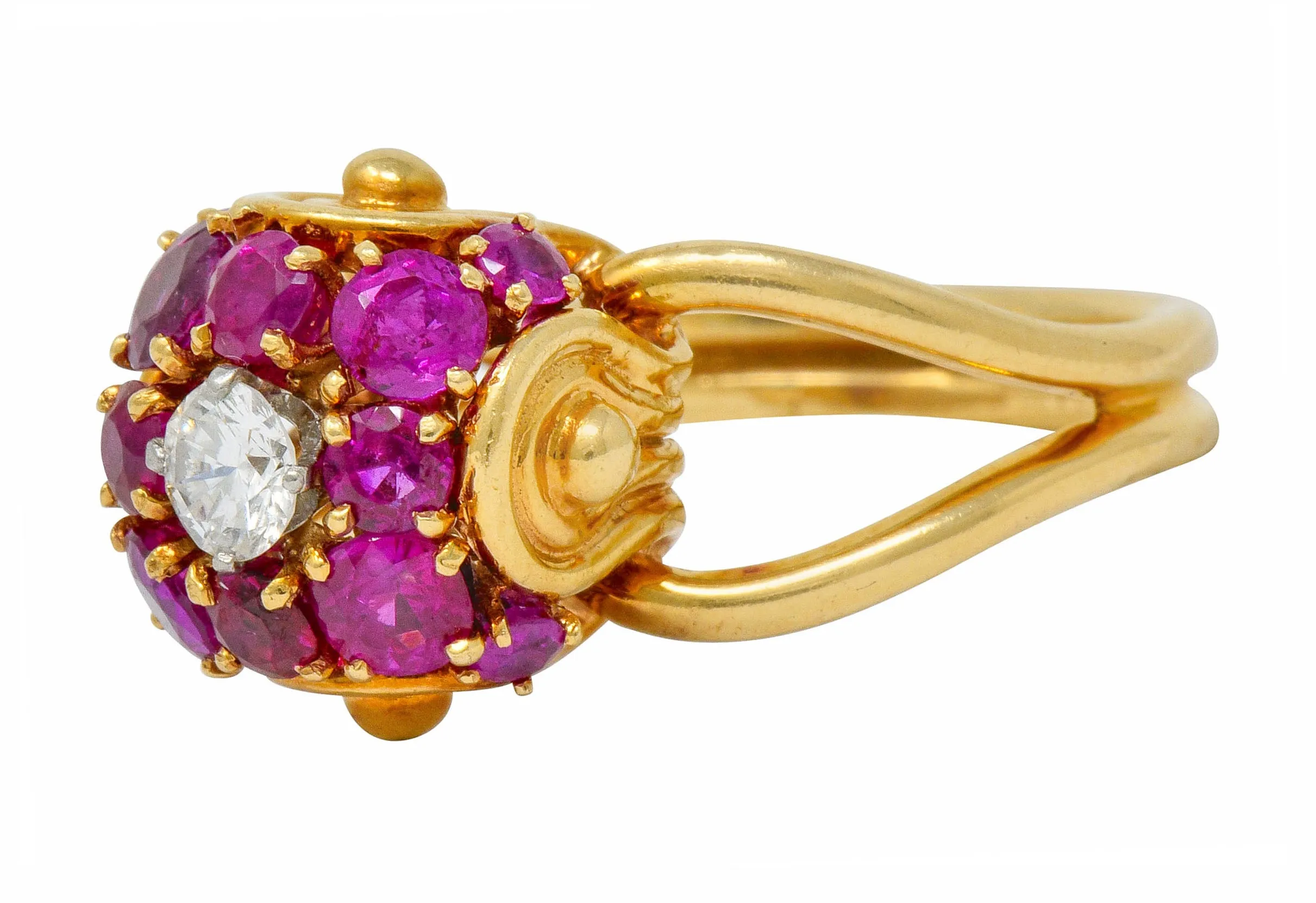 Vintage Diamond Ruby 14 Karat Gold Pave Ball Ring