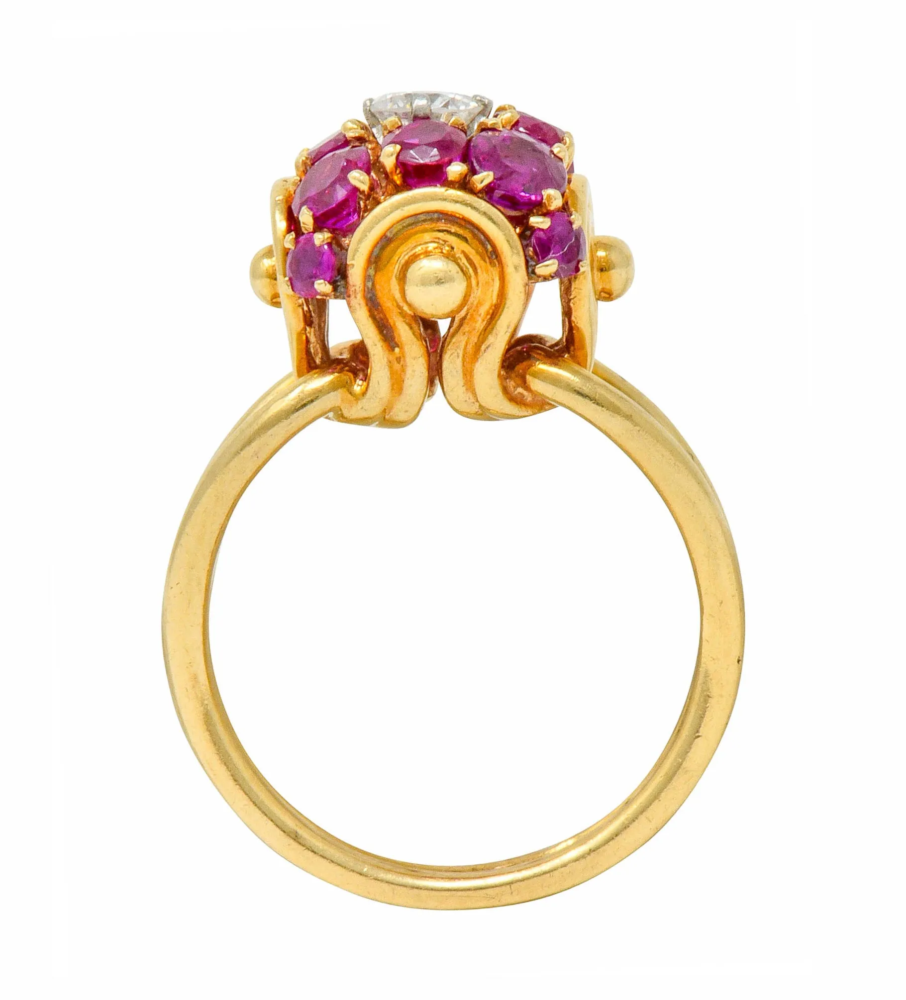 Vintage Diamond Ruby 14 Karat Gold Pave Ball Ring