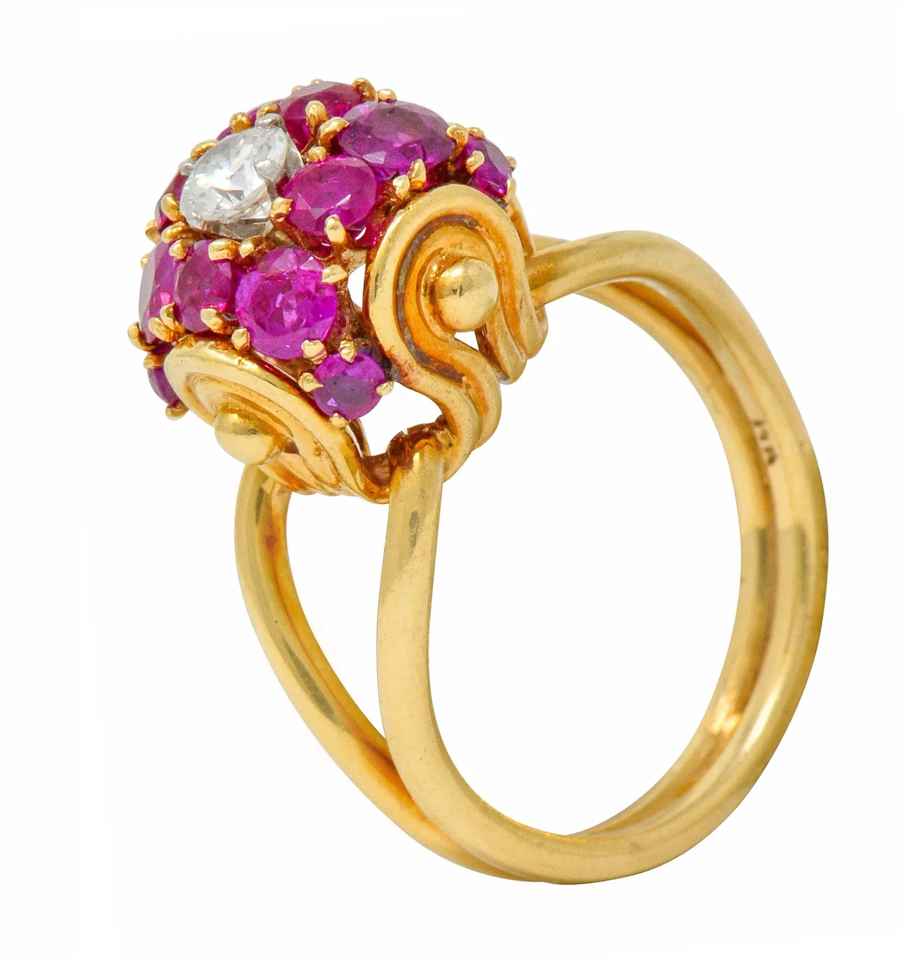 Vintage Diamond Ruby 14 Karat Gold Pave Ball Ring