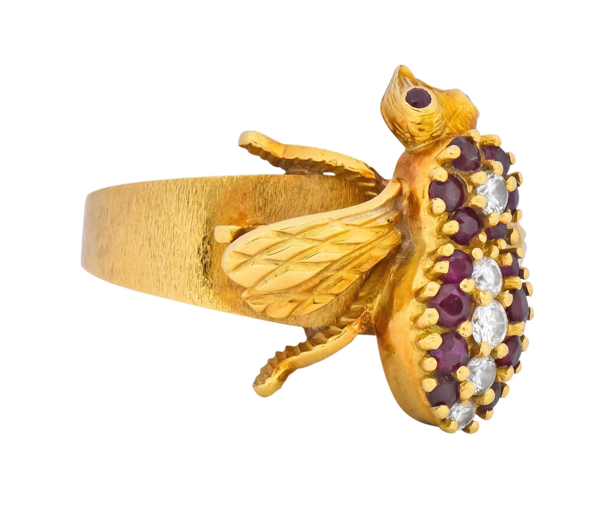 Vintage Herbert Rosenthal 0.95 CTW Diamond Ruby 18 Karat Gold Bee Ring