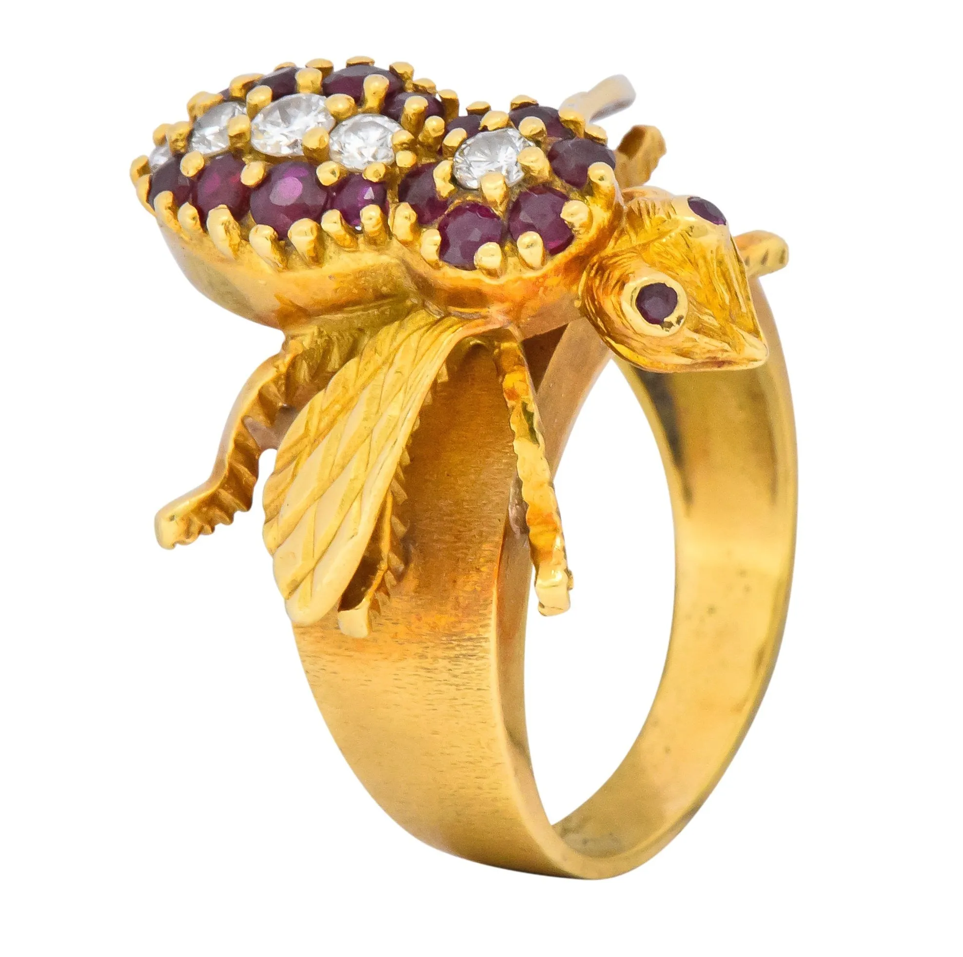 Vintage Herbert Rosenthal 0.95 CTW Diamond Ruby 18 Karat Gold Bee Ring