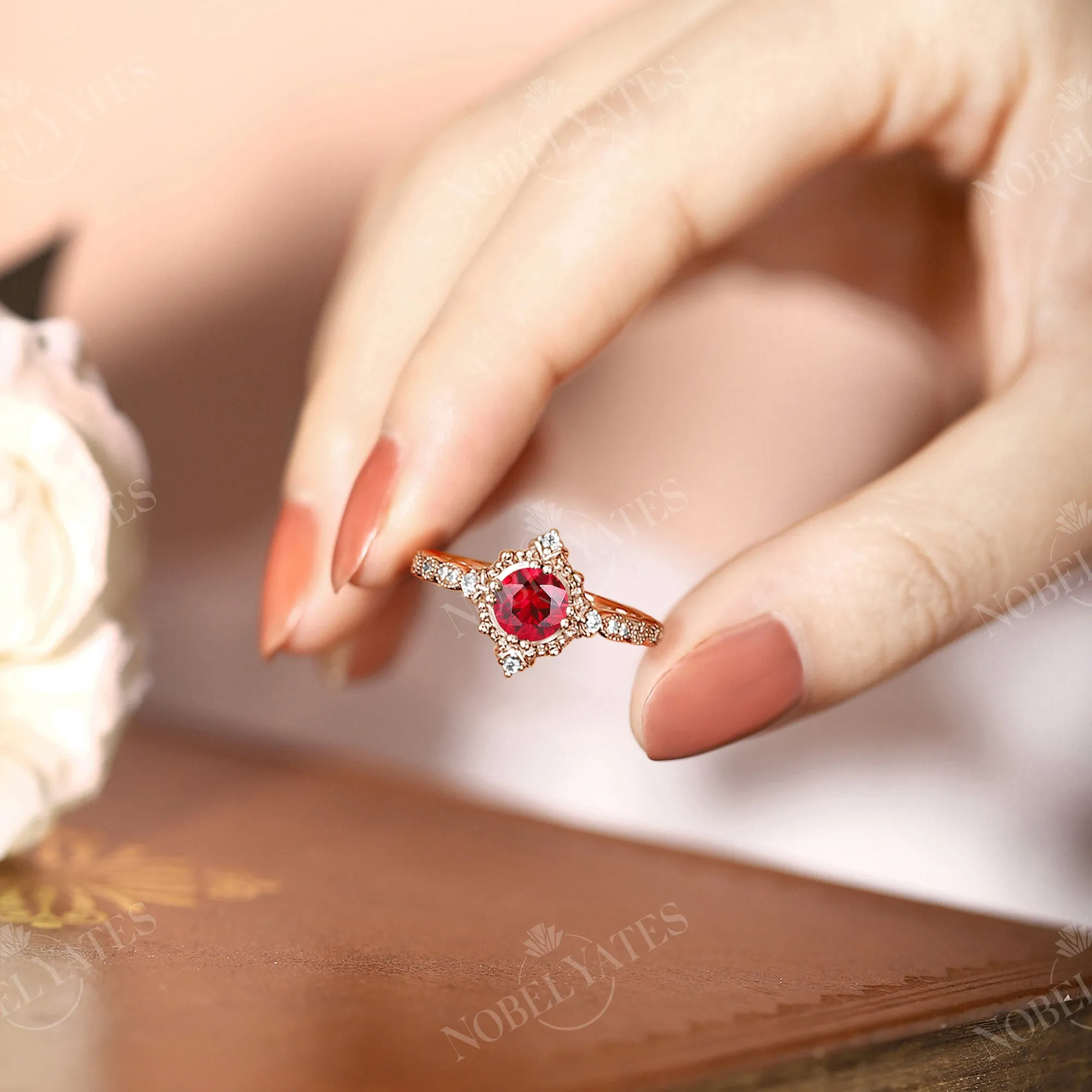 Vintage Lab Ruby Round Shape Engagement Ring Rose Gold Band