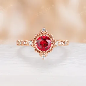 Vintage Lab Ruby Round Shape Engagement Ring Rose Gold Band