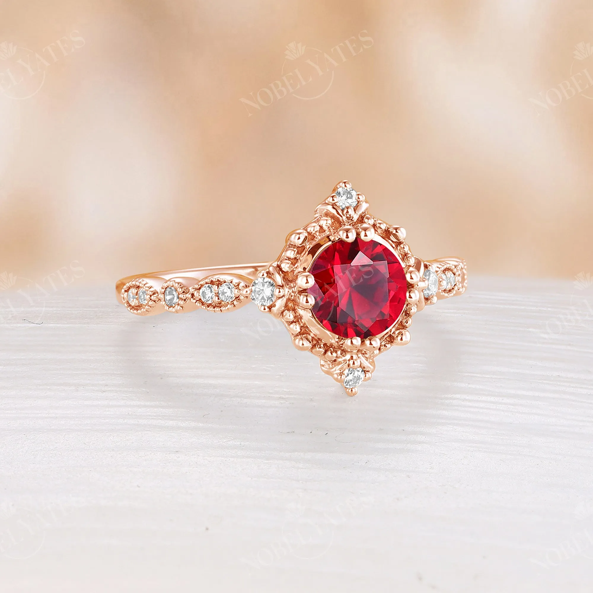 Vintage Lab Ruby Round Shape Engagement Ring Rose Gold Band