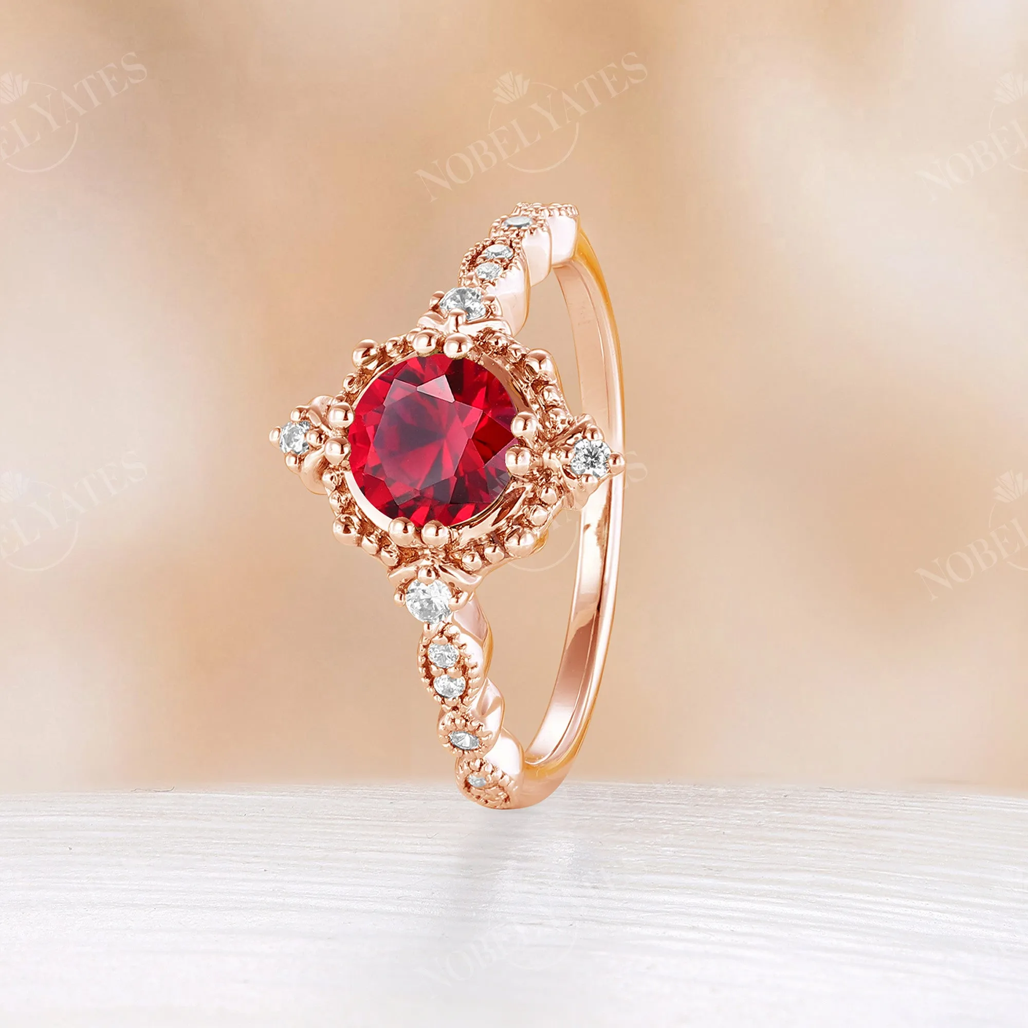 Vintage Lab Ruby Round Shape Engagement Ring Rose Gold Band