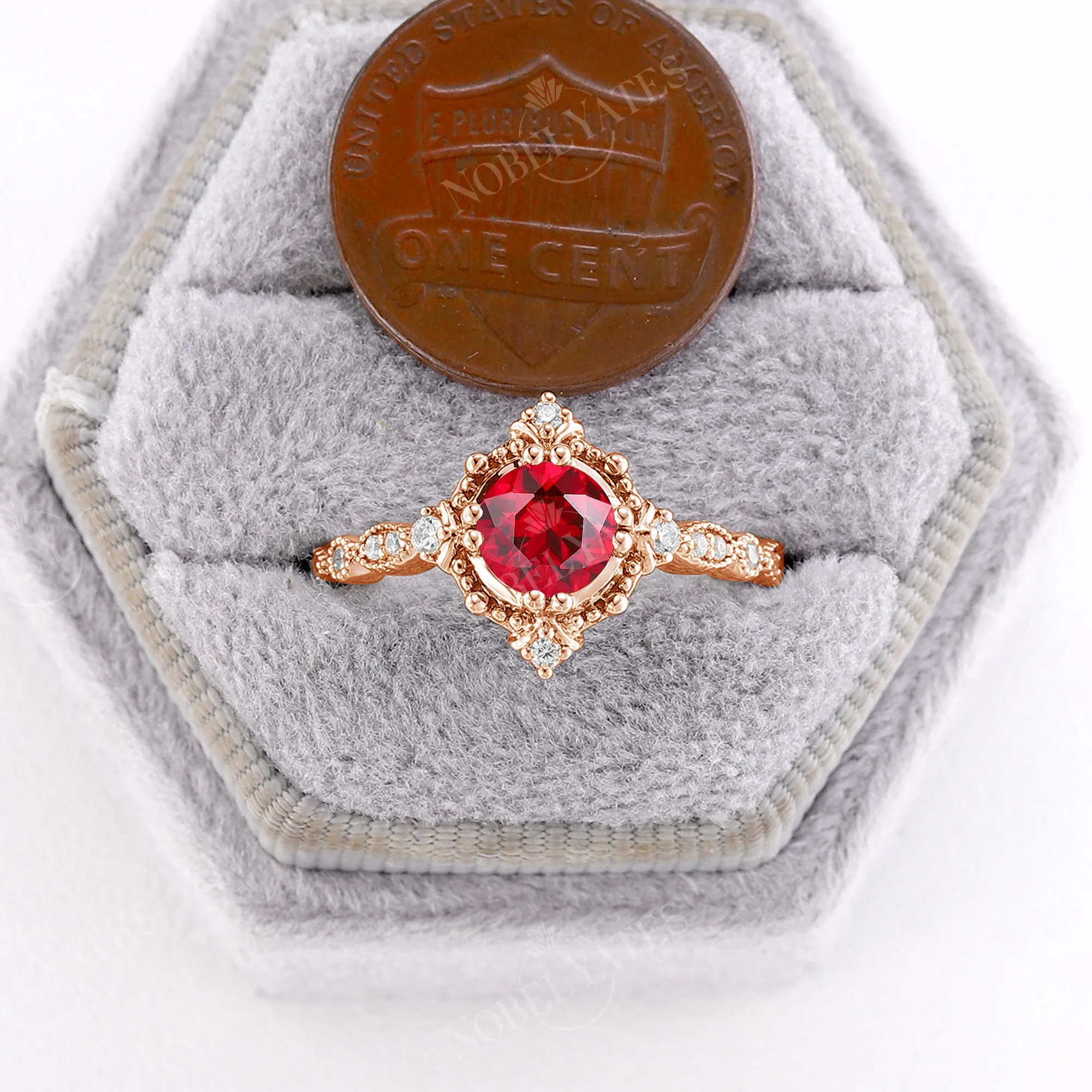 Vintage Lab Ruby Round Shape Engagement Ring Rose Gold Band