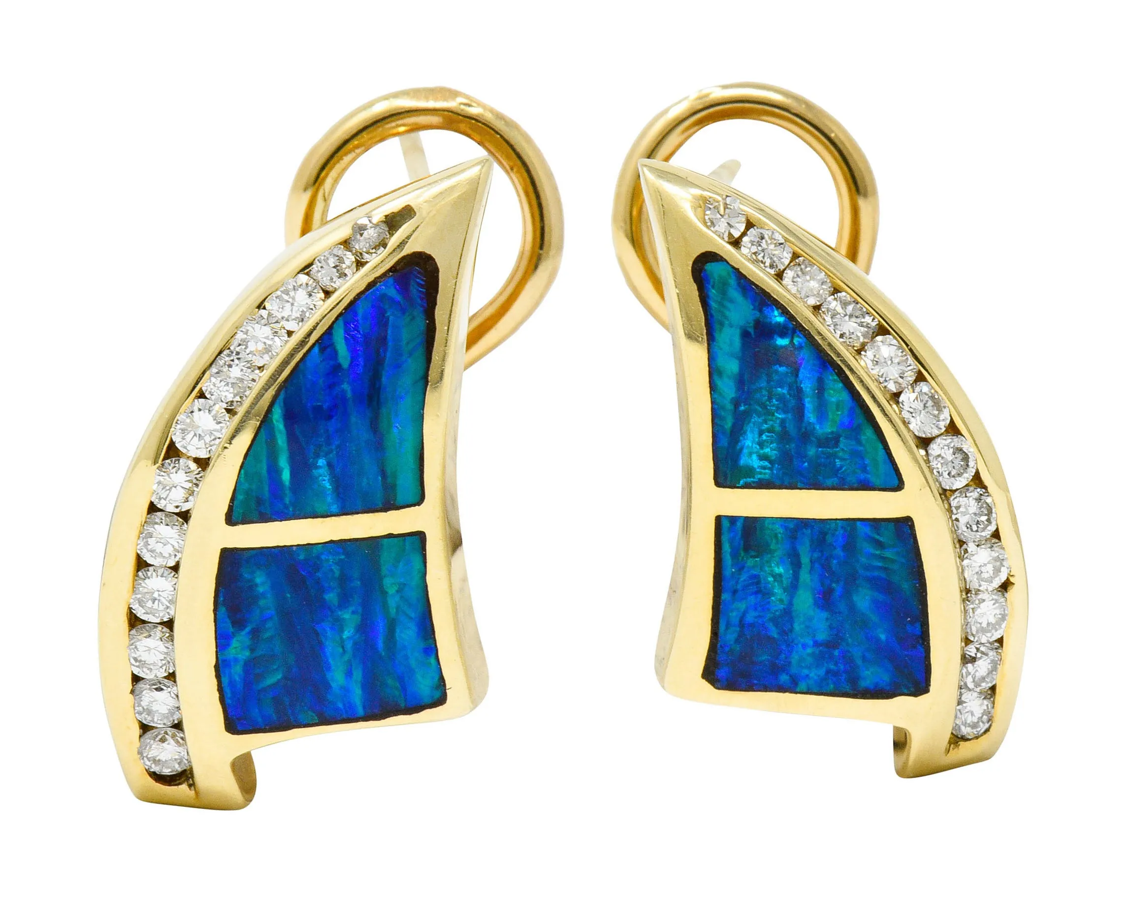 Vintage Opal Inlay 0.50 CTW Diamond 14 Karat Gold Earrings