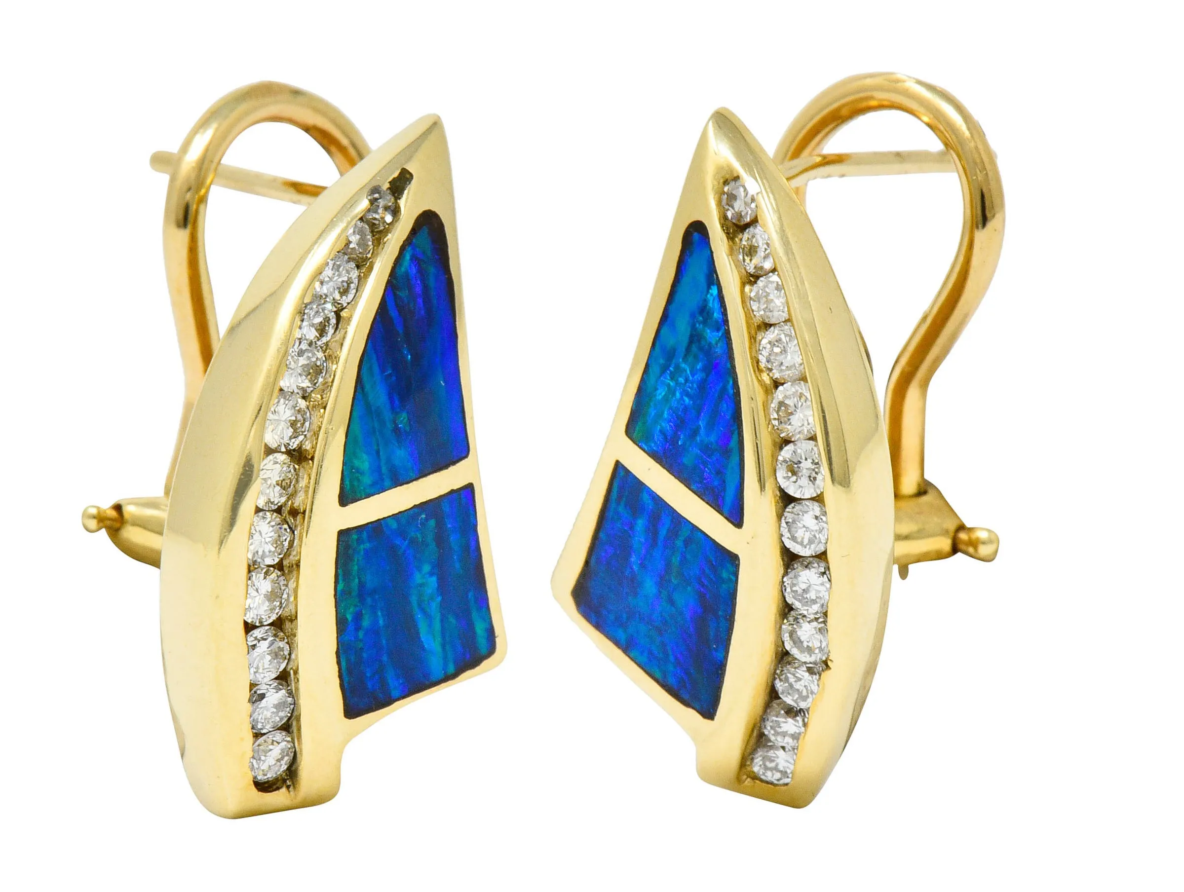 Vintage Opal Inlay 0.50 CTW Diamond 14 Karat Gold Earrings