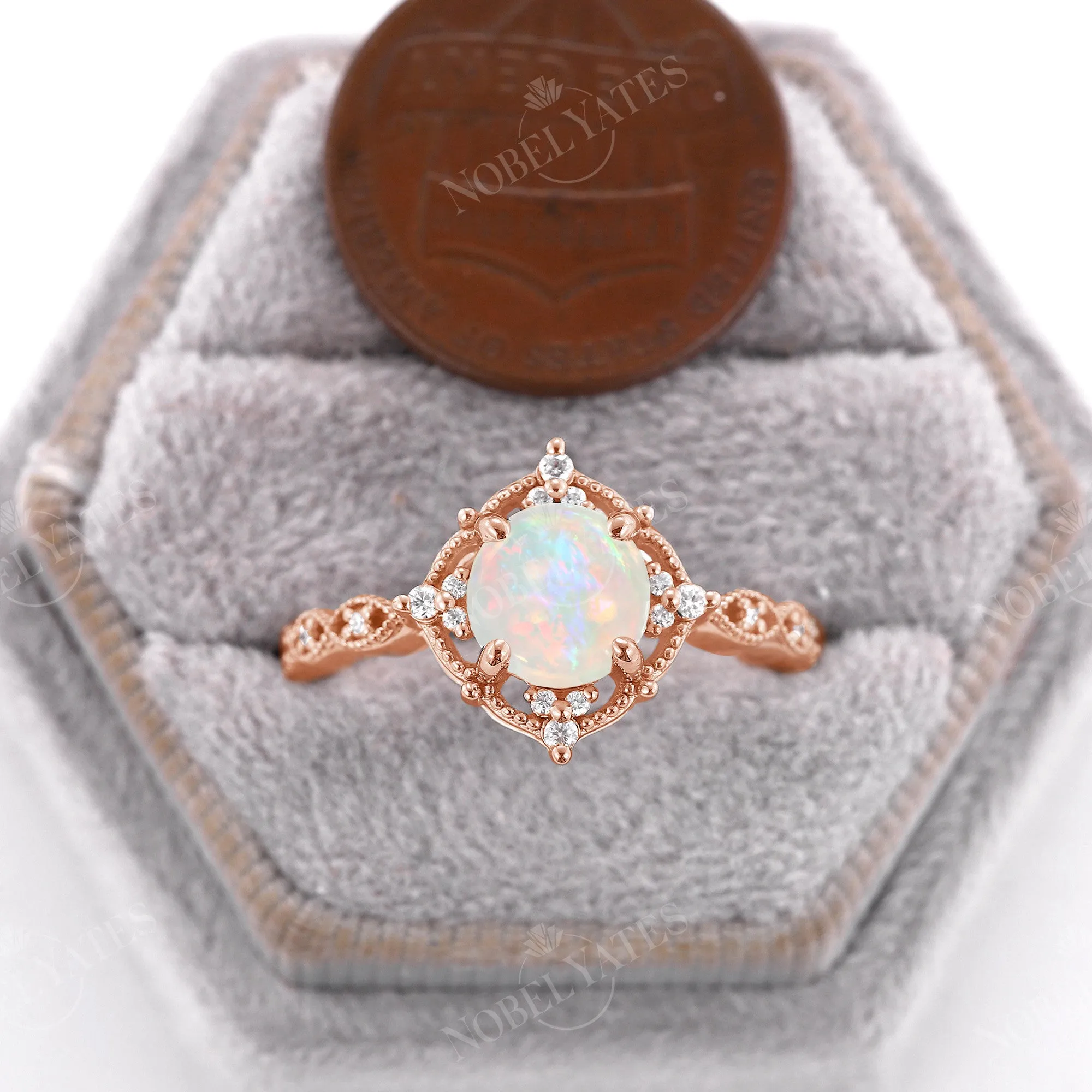 Vintage Round Opal Milgrain Engagement Ring Rose Gold