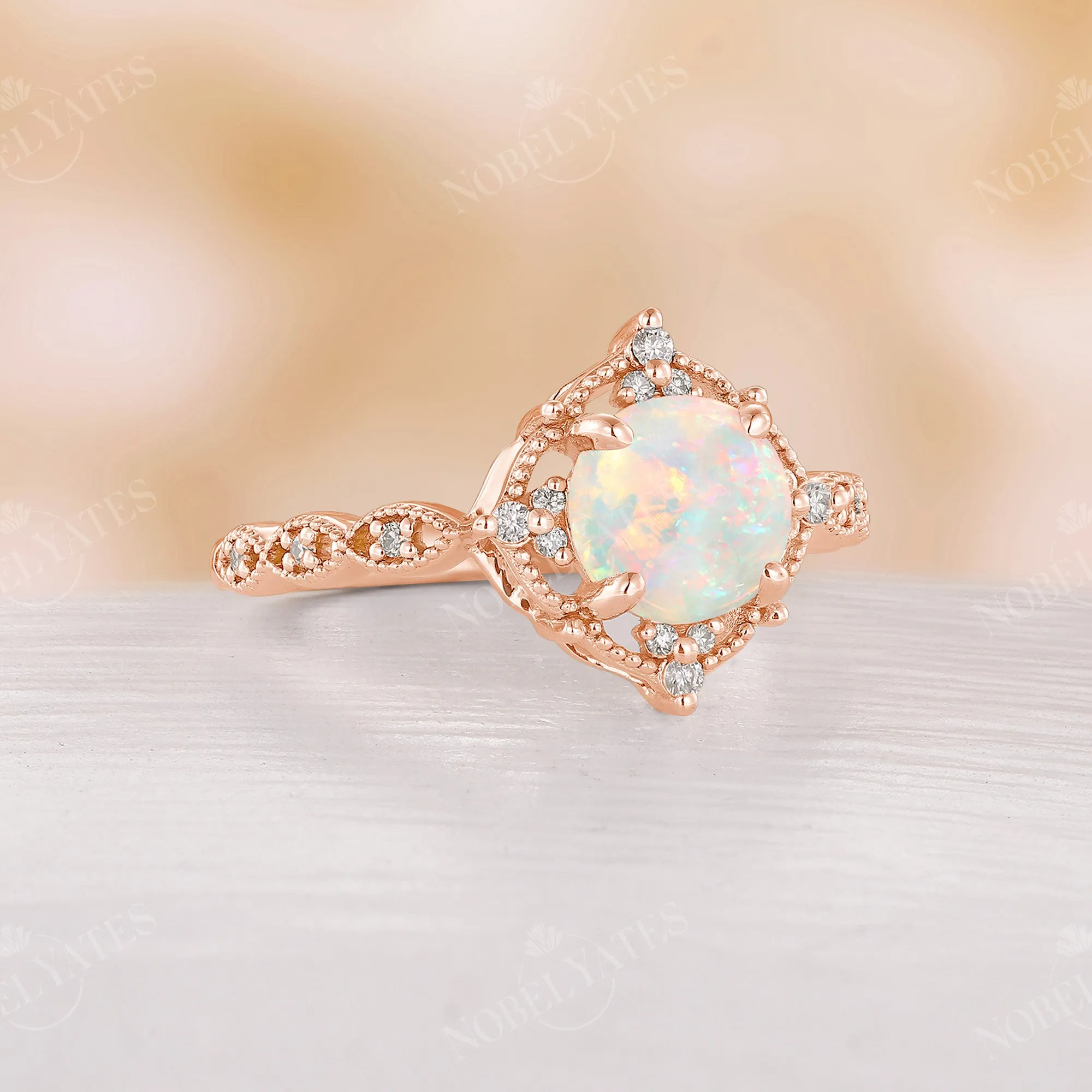 Vintage Round Opal Milgrain Engagement Ring Rose Gold