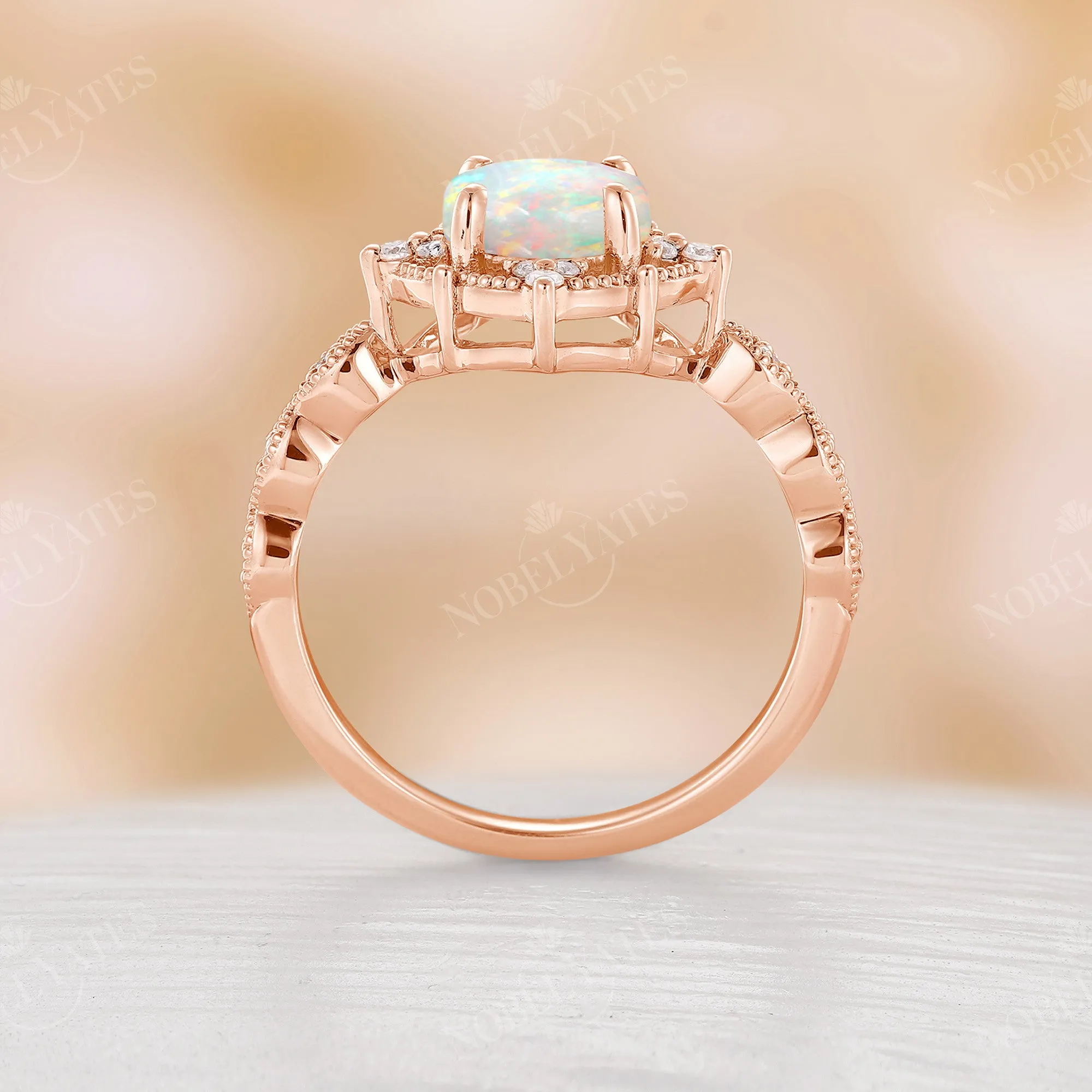 Vintage Round Opal Milgrain Engagement Ring Rose Gold